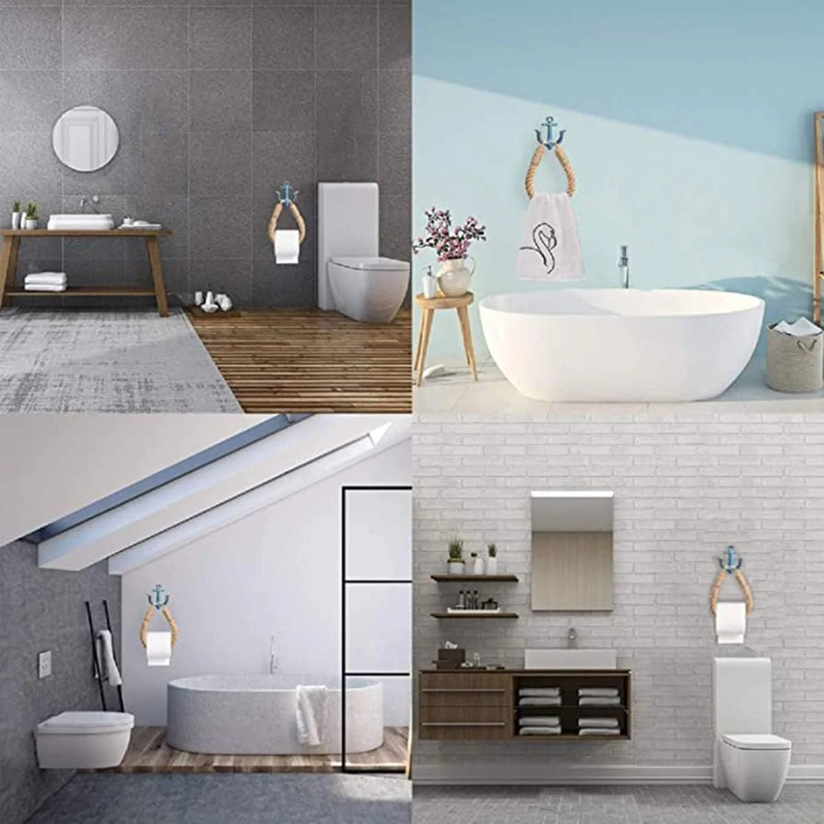 حلقه حوله طنابی عتیقه طبیعی دیواری با قلاب های فلزی، قفسه حوله ساحلی