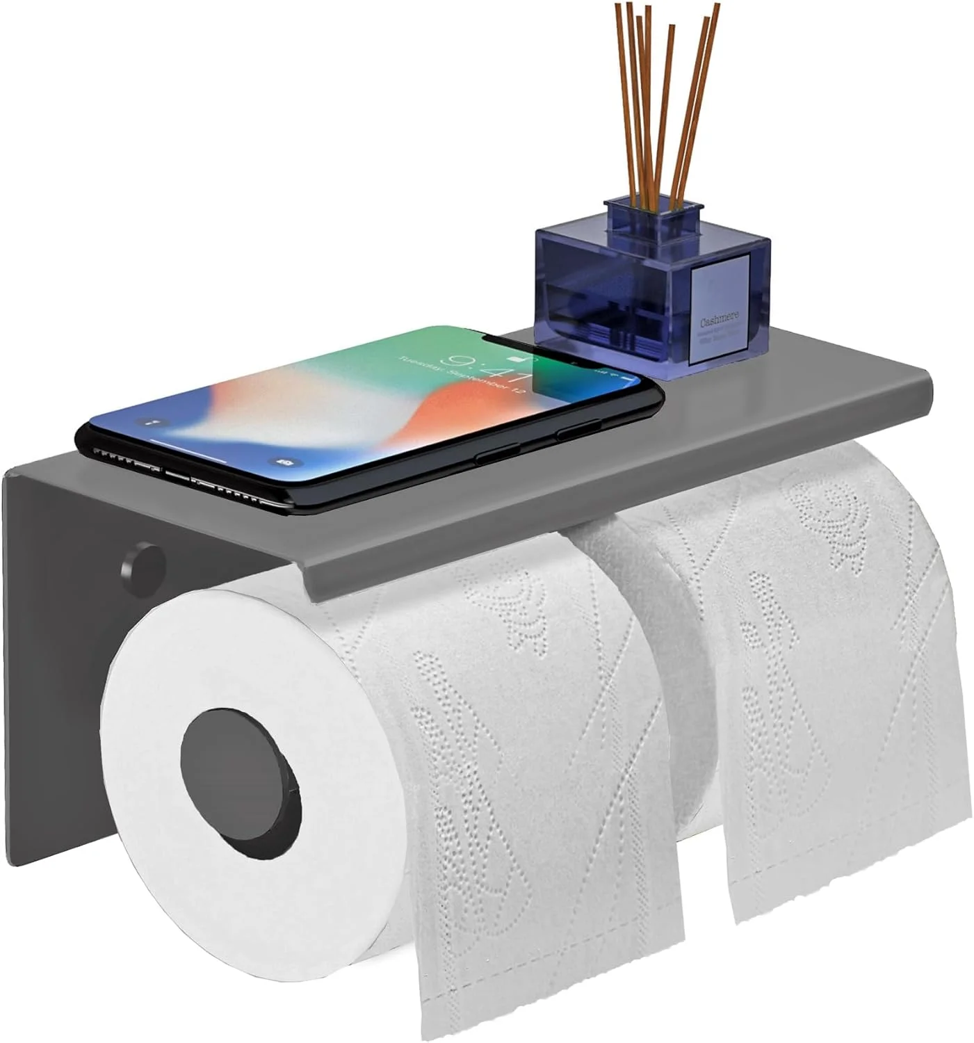 جا دستمال کاغذی رولی دو قلو - استیل ضد زنگ با قفسه نگهدارنده تلفن (خاکستری)