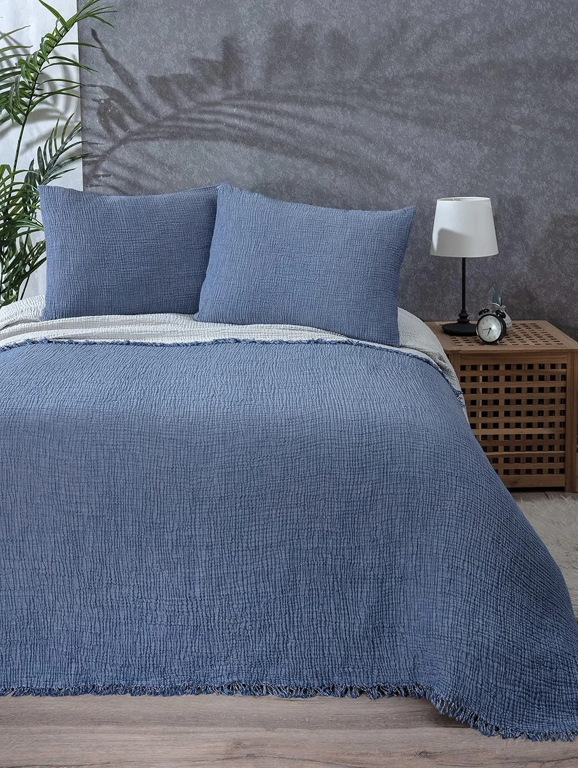 پتو ململ پنبه‌ای ۱۰۰٪ دکادرون، رو تختی ۴ لایه، روکش تخت ململ پنبه‌ای نرم، رو تختی دو رو، آبی نیلی (دو روبالشتی 50x75)