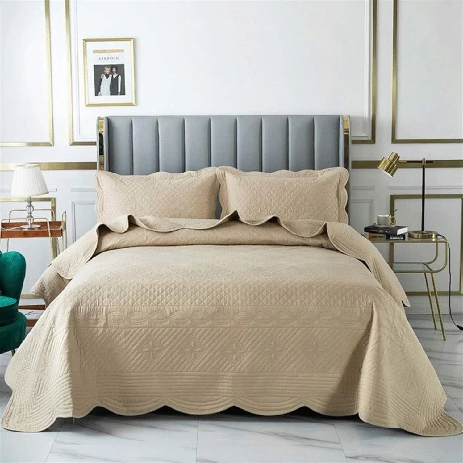 روتختی پنبه ای گارکان، لحاف روتختی کینگ، ست 3 تکه تزئینی، لحاف گلدوزی شیک دو رو، پتوی مناسب تمام فصول + 2 روبالشی قهوه ای (رنگ: سفید، سایز: 223x234cm+50x70cm)