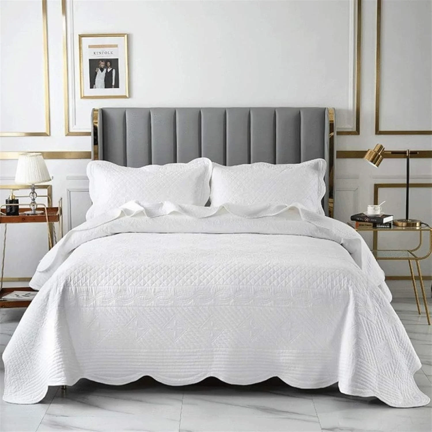 روتختی پنبه ای گارکان، لحاف تخت خواب دونفره، ست 3 تکه، روتختی تزئینی، لحاف گلدوزی شیک دو رو، پتوی مناسب تمام فصول + 2 روبالشتی قهوه ای (رنگ: سفید، سایز: 223x234cm+50x70cm)