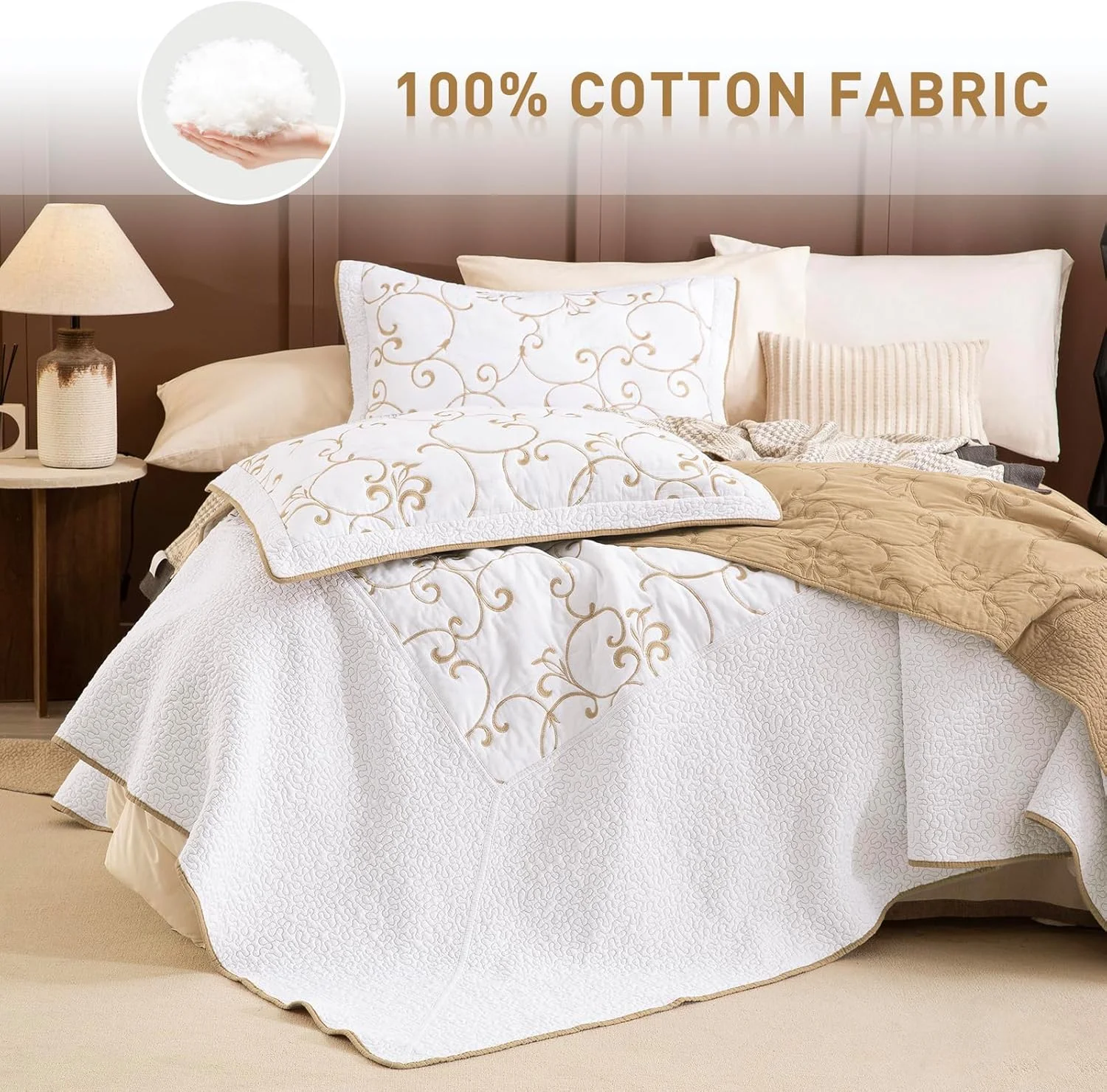 روتختی لحاف کینگ سایز بزرگ لیدی آن 300x300، طرح گلدوزی 100% پنبه، ست روتختی کینگ سایز کالیفرنیا، ست رو تختی بزرگ سفید با طلایی، ست رو تختی سبک وزن مناسب تمام فصل 3 تکه