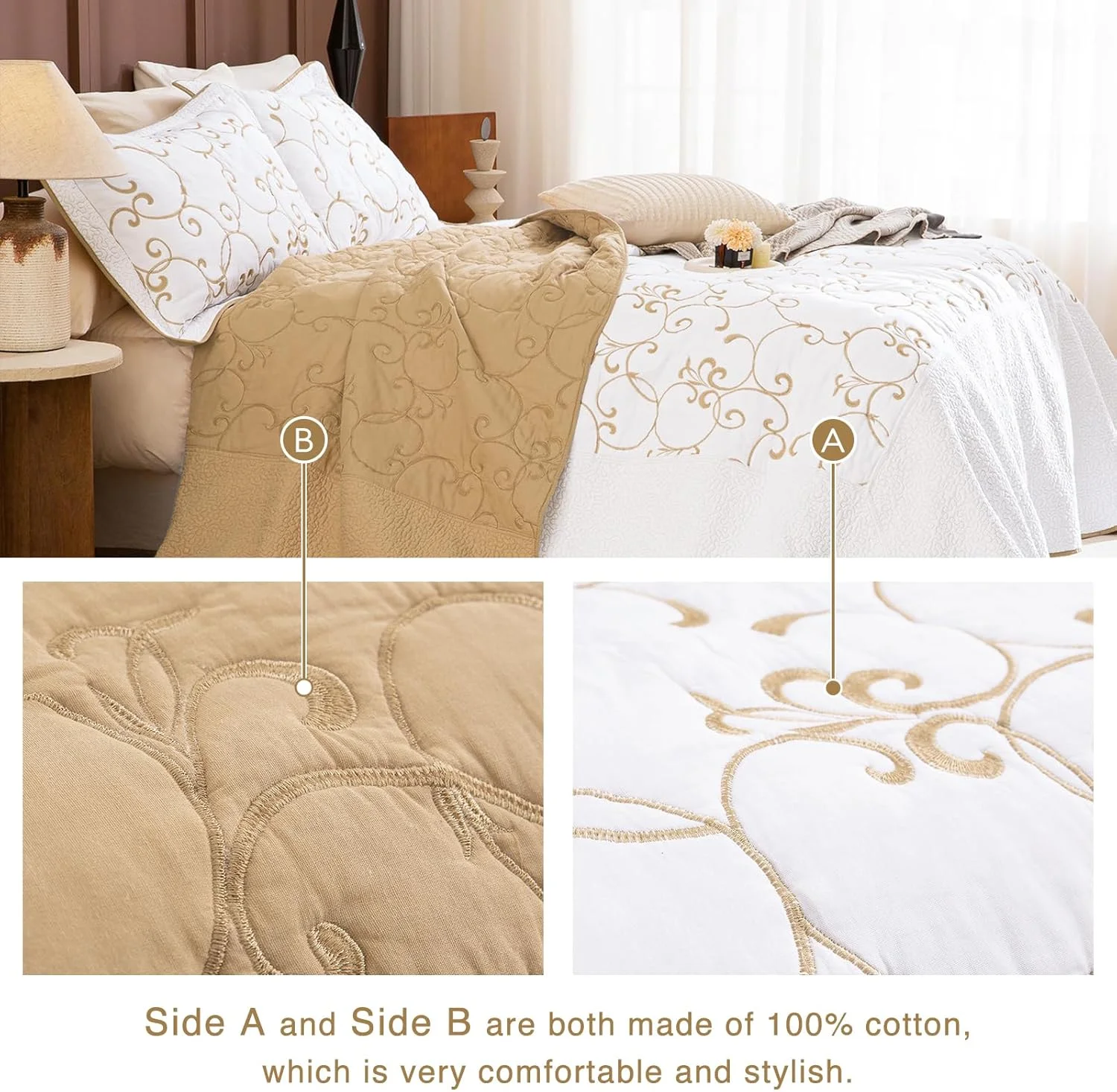 روتختی لحاف کینگ سایز بزرگ لیدی آن 300x300، طرح گلدوزی 100% پنبه، ست روتختی کینگ سایز کالیفرنیا، ست رو تختی بزرگ سفید با طلایی، ست رو تختی سبک وزن مناسب تمام فصل 3 تکه