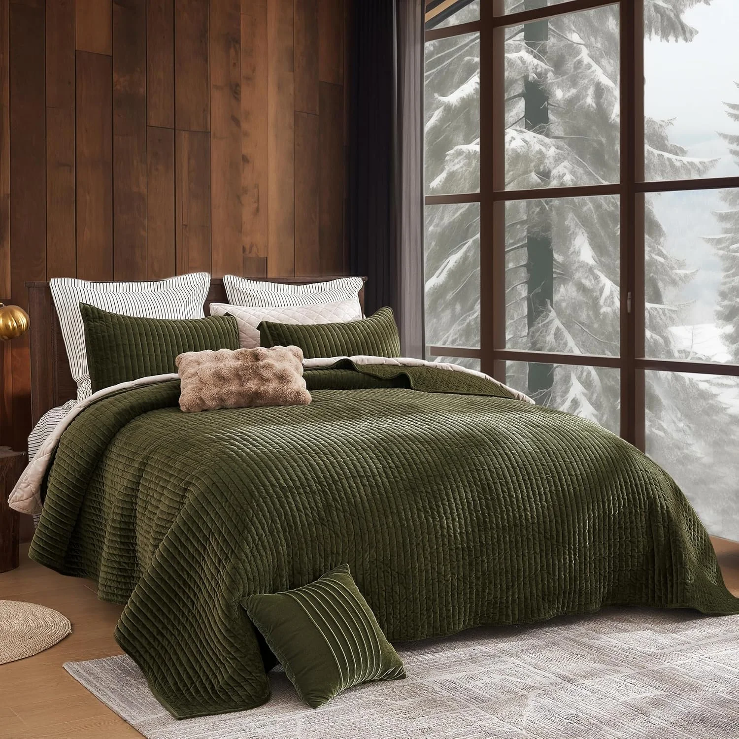 ست لحاف مخملی لوکس شلالا، لحاف راه راه مدرن، لحاف سبک وزن با روبالشتی های ست، روتختی نرم و گرم و راحت دو طرفه برای تمام فصول (سبز تاج گل، سایز دو نفره/کویین)