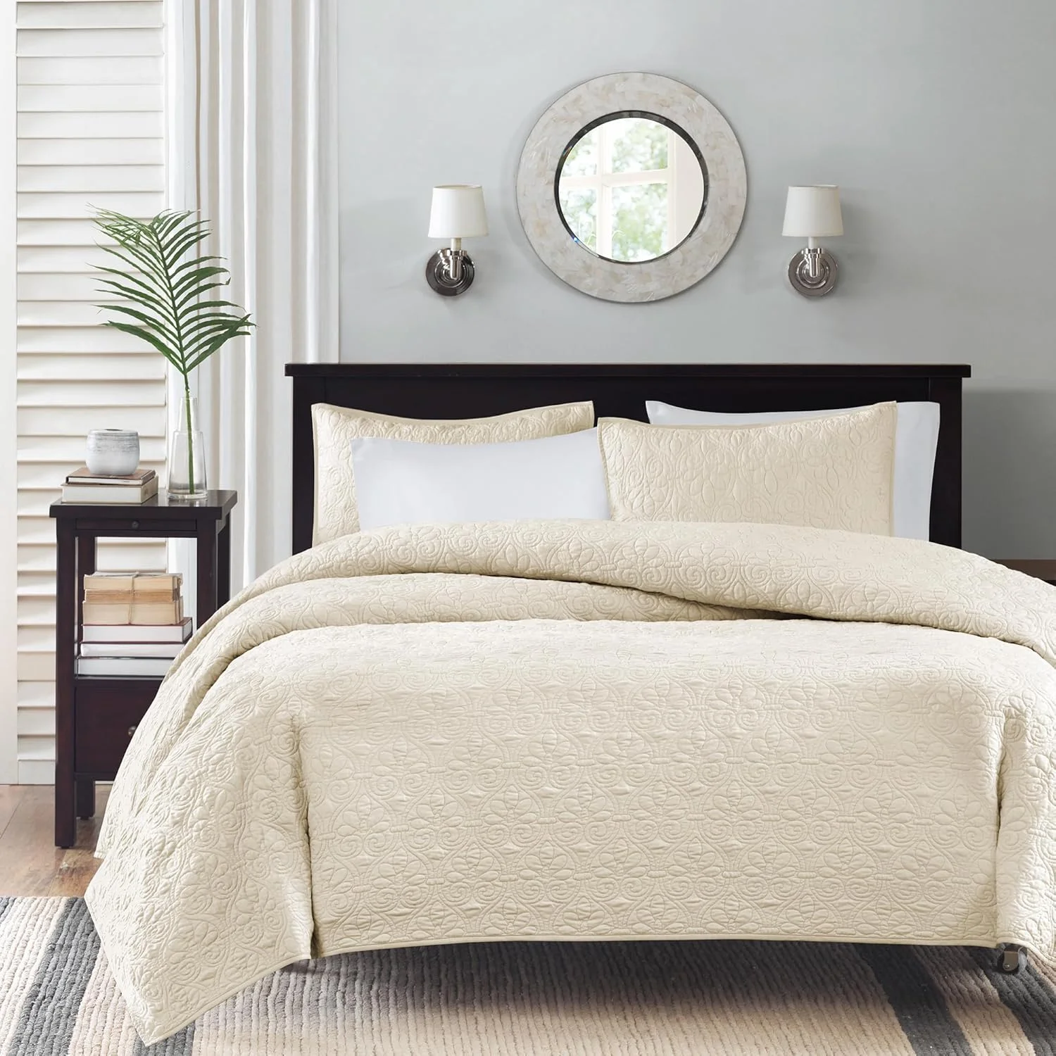 ست لحاف مادیسون پارک کبک - طراحی لوکس طرح دار، لحاف سبک وزن پر شده با پنبه، رو تختی، روبالشی، سایز کوئین/کامل (90"x90")، کرم 3 تکه