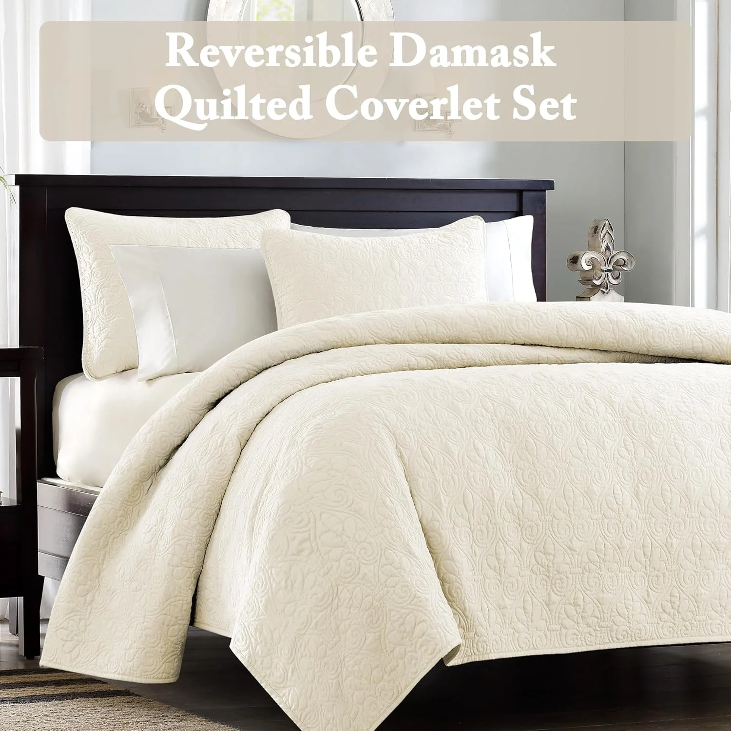 ست لحاف مادیسون پارک کبک - طراحی لوکس طرح دار، لحاف سبک وزن پر شده با پنبه، رو تختی، روبالشی، سایز کوئین/کامل (90"x90")، کرم 3 تکه