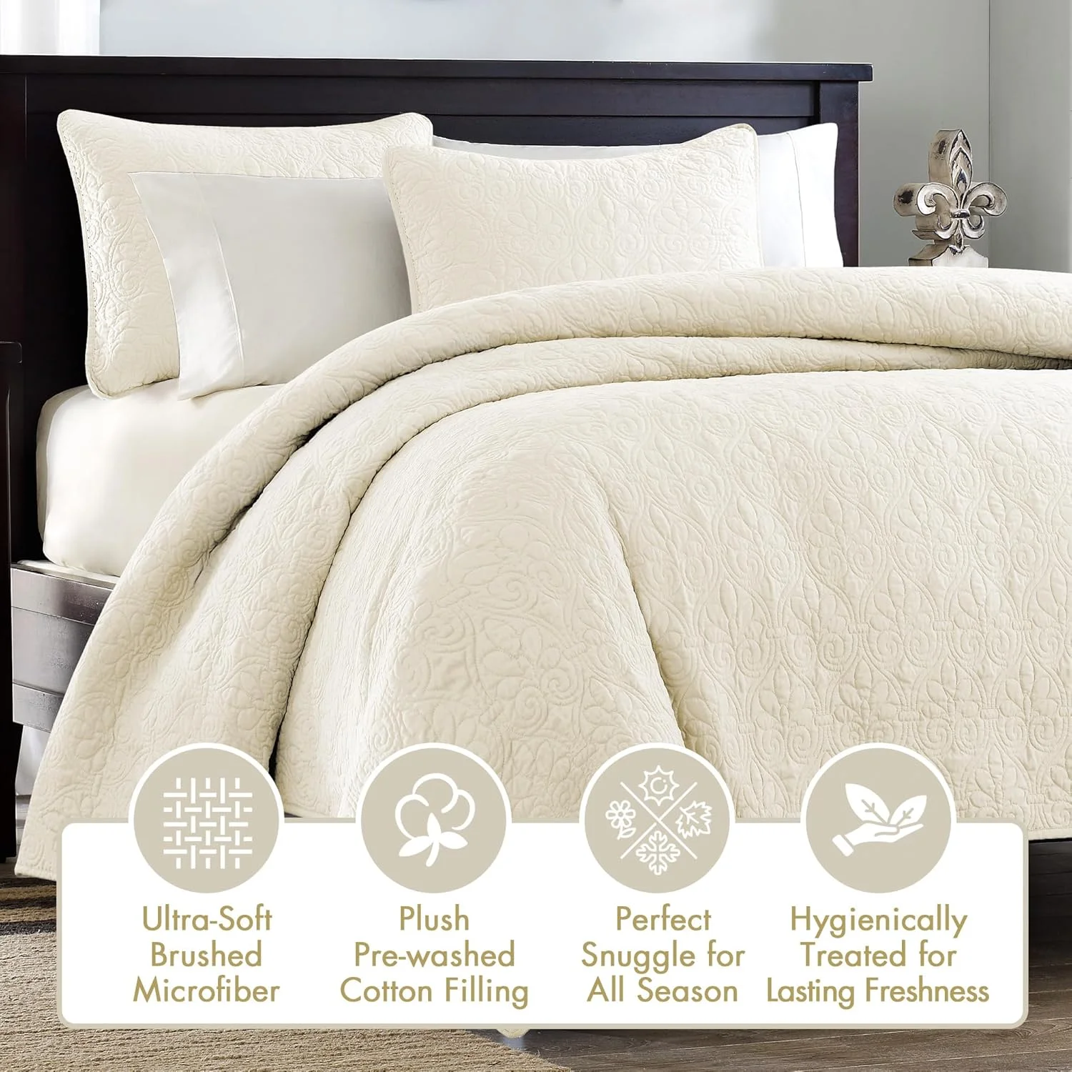 ست لحاف مادیسون پارک کبک - طراحی لوکس طرح دار، لحاف سبک وزن پر شده با پنبه، رو تختی، روبالشی، سایز کوئین/کامل (90"x90")، کرم 3 تکه