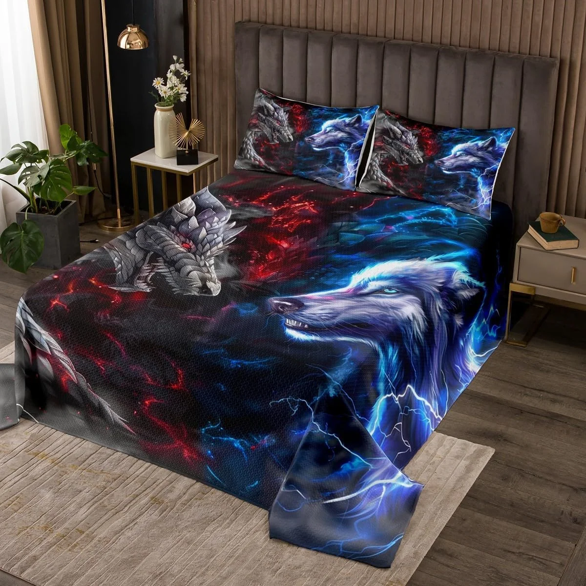 روتختی سه بعدی طرح اژدها Manfei، سایز کوئین، طرح گرگ وحشی و جنگل، مناسب اتاق پسرانه و مردانه، لحاف طرح رعد و برق قرمز و آبی، لحاف آبی خاکستری، 2 روبالشتی