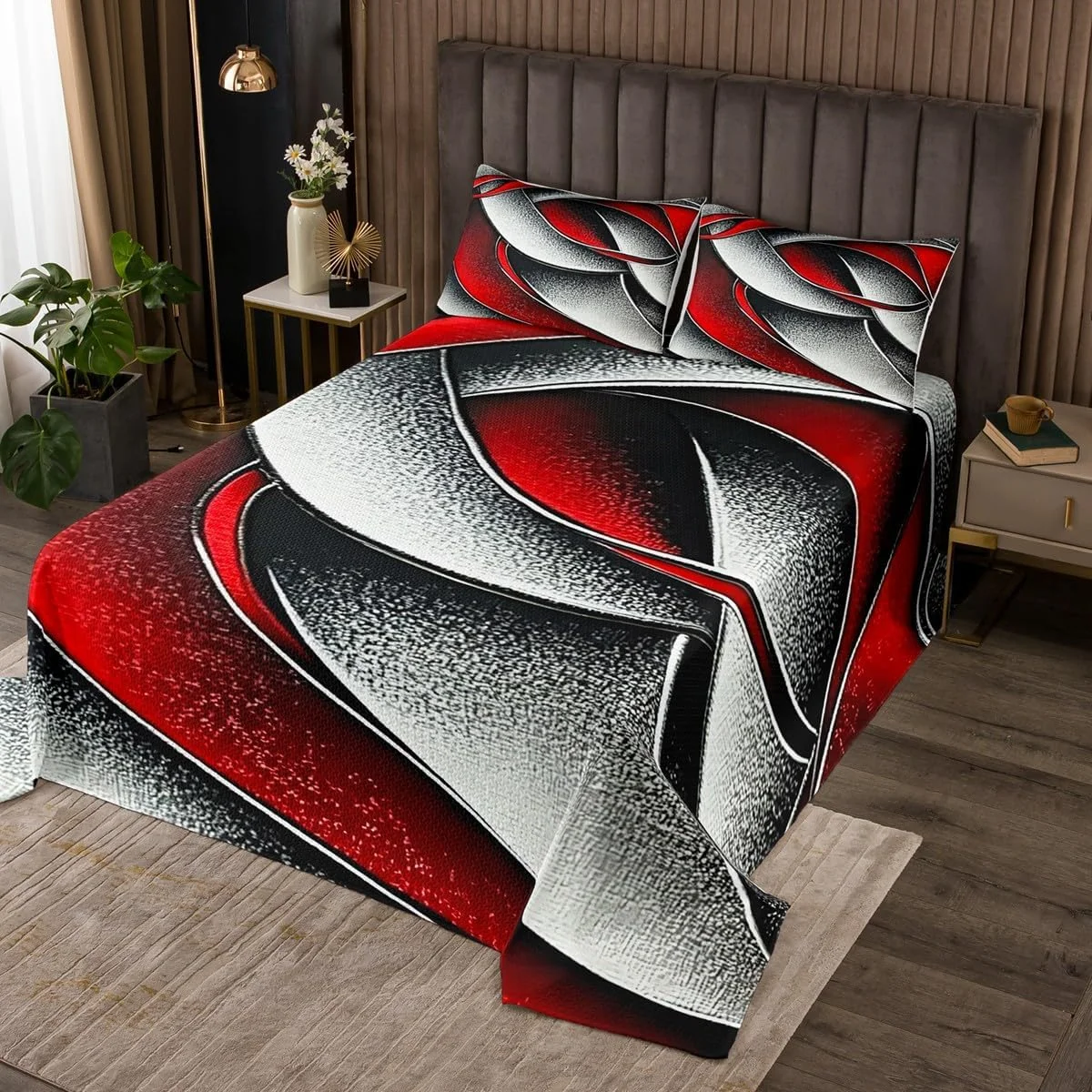 روتختی طرح تکه دوزی هندسی Manfei سایز کینگ، ست روتختی طرح راه راه هندسی انتزاعی، دکور اتاق دخترانه پسرانه، روتختی لحافی طرح هنری مدرن، لحاف قرمز مشکی خاکستری، 2 روبالشتی