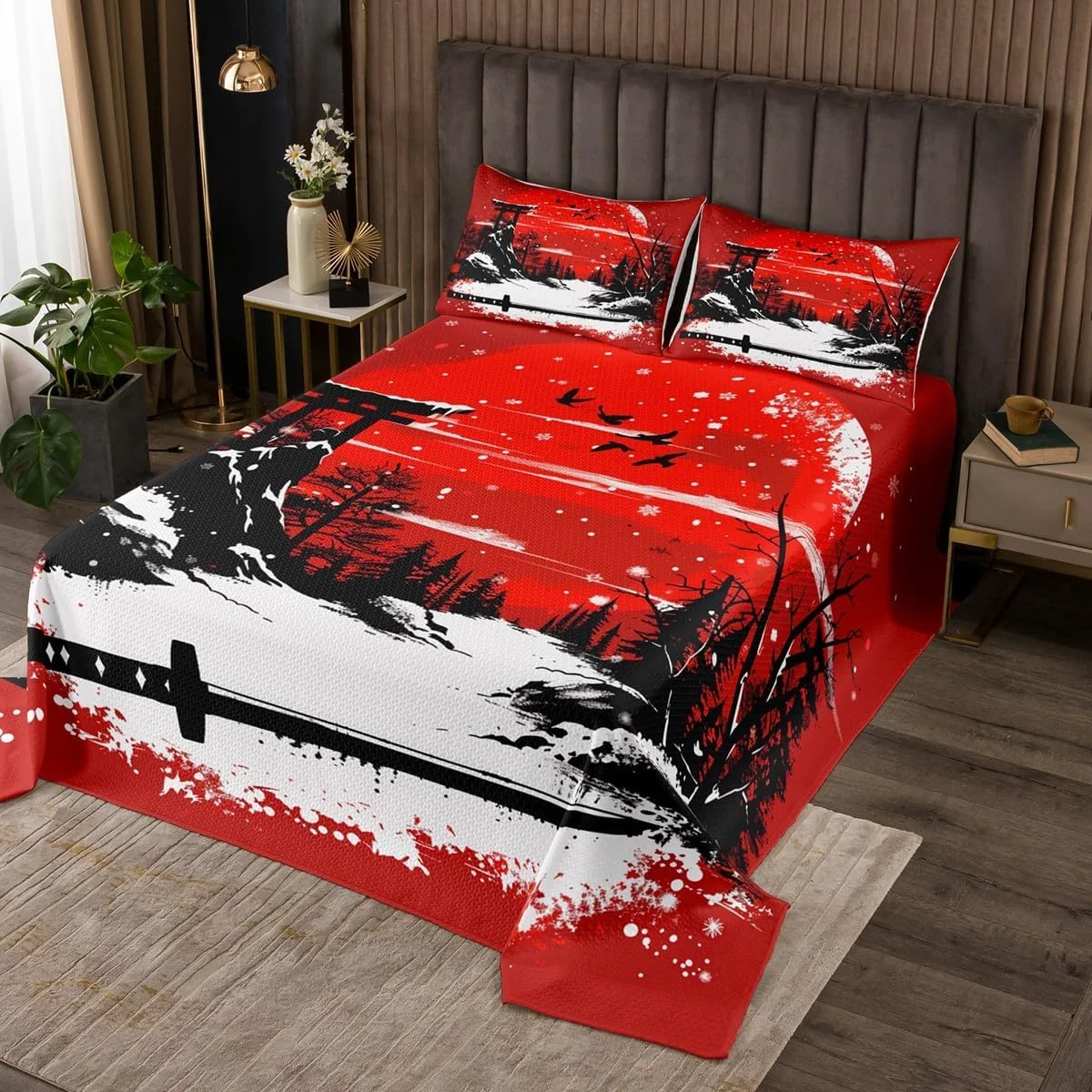 روتختی طرح سامورایی ژاپنی مانفی سایز کویین، ست لحاف طرح اوکییو-ای شمشیر ژاپنی، دکور اتاق پسرانه دخترانه مردانه، لحاف طرح برفی درخت کاج، لحاف مد روز قرمز مشکی، 2 روبالشتی