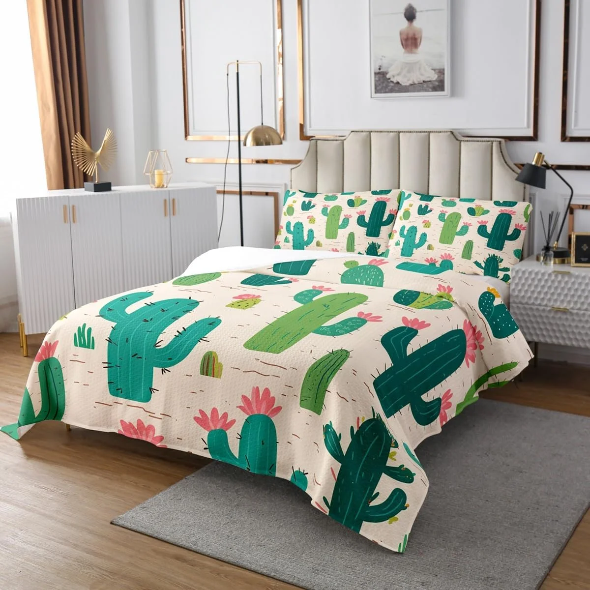 روتختی طرح کاکتوس Manfei سایز کوئین، ست لحاف طرح گل کاکتوس سبز و صورتی، لحاف طرح گیاهان صحرایی به همراه 2 روبالشتی، دکور اتاق پسرانه و دخترانه، لحاف نرم پلی استر