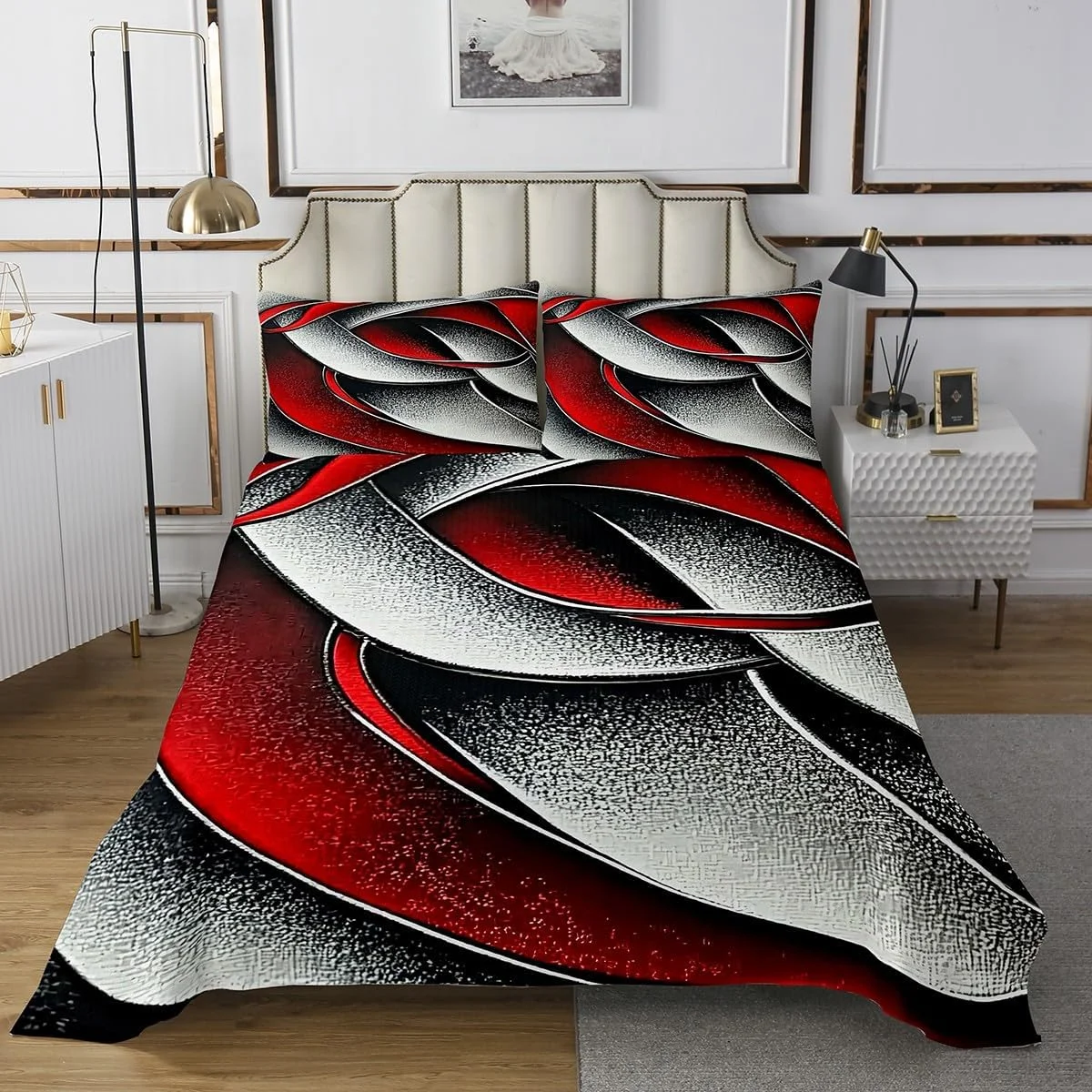 روتختی طرح تکه دوزی هندسی Manfei سایز کینگ، ست روتختی طرح راه راه هندسی انتزاعی، دکور اتاق دخترانه پسرانه، روتختی لحافی طرح هنری مدرن، لحاف قرمز مشکی خاکستری، 2 روبالشتی