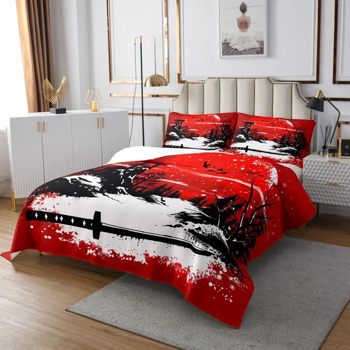 روتختی طرح سامورایی ژاپنی مانفی سایز کویین، ست لحاف طرح اوکییو-ای شمشیر ژاپنی، دکور اتاق پسرانه دخترانه مردانه، لحاف طرح برفی درخت کاج، لحاف مد روز قرمز مشکی، 2 روبالشتی