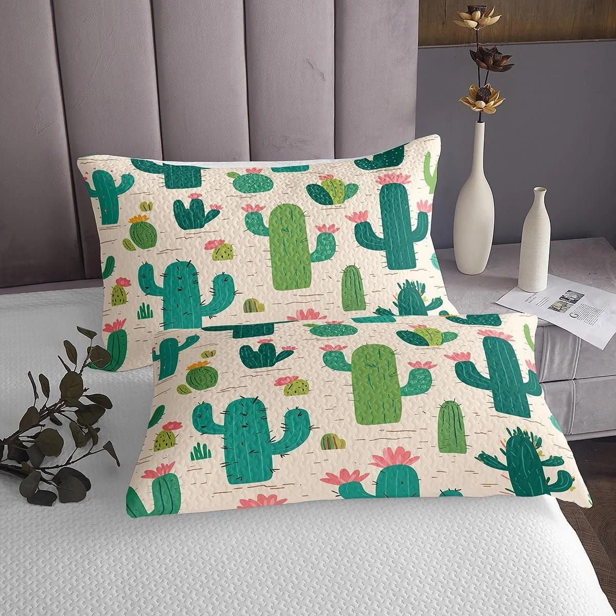 روتختی طرح کاکتوس Manfei سایز کوئین، ست لحاف طرح گل کاکتوس سبز و صورتی، لحاف طرح گیاهان صحرایی به همراه 2 روبالشتی، دکور اتاق پسرانه و دخترانه، لحاف نرم پلی استر