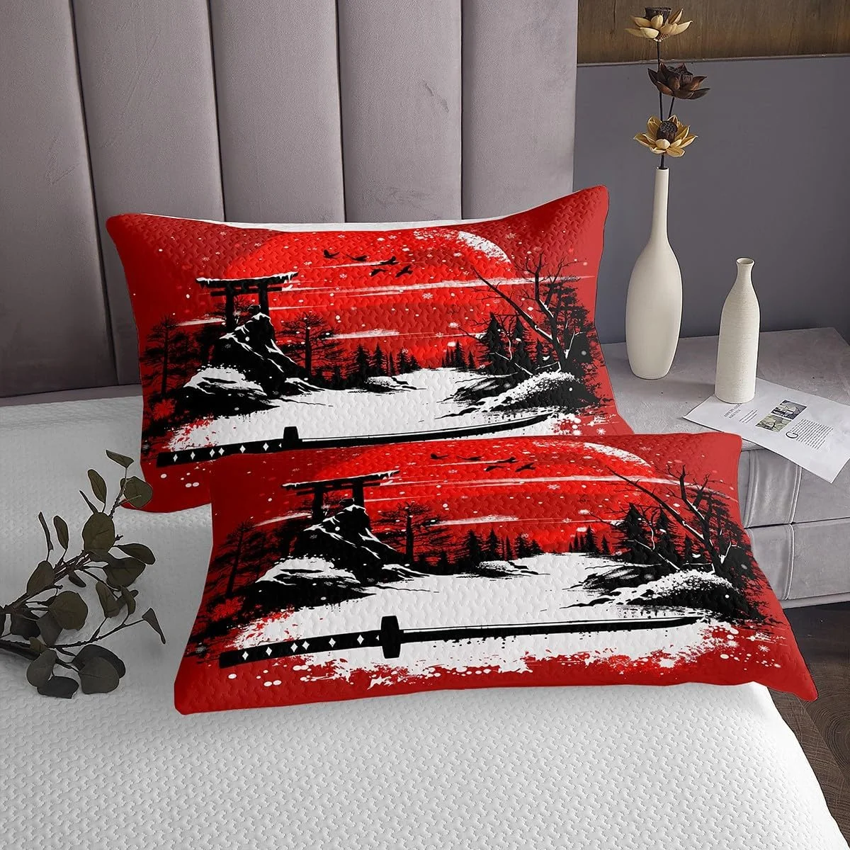 روتختی طرح سامورایی ژاپنی مانفی سایز کویین، ست لحاف طرح اوکییو-ای شمشیر ژاپنی، دکور اتاق پسرانه دخترانه مردانه، لحاف طرح برفی درخت کاج، لحاف مد روز قرمز مشکی، 2 روبالشتی