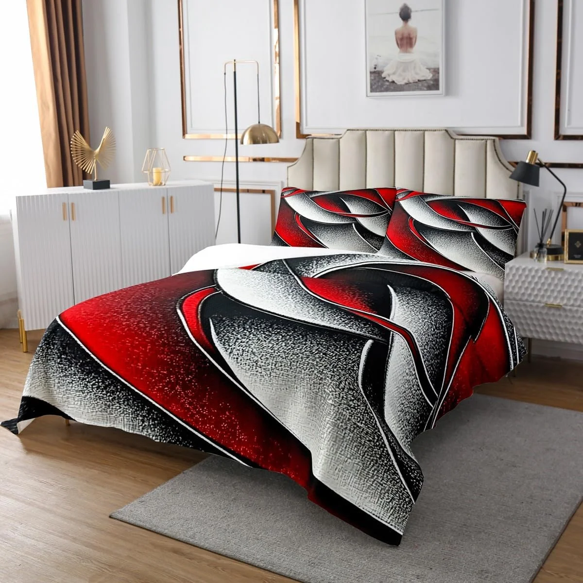 روتختی طرح تکه دوزی هندسی Manfei سایز کینگ، ست روتختی طرح راه راه هندسی انتزاعی، دکور اتاق دخترانه پسرانه، روتختی لحافی طرح هنری مدرن، لحاف قرمز مشکی خاکستری، 2 روبالشتی