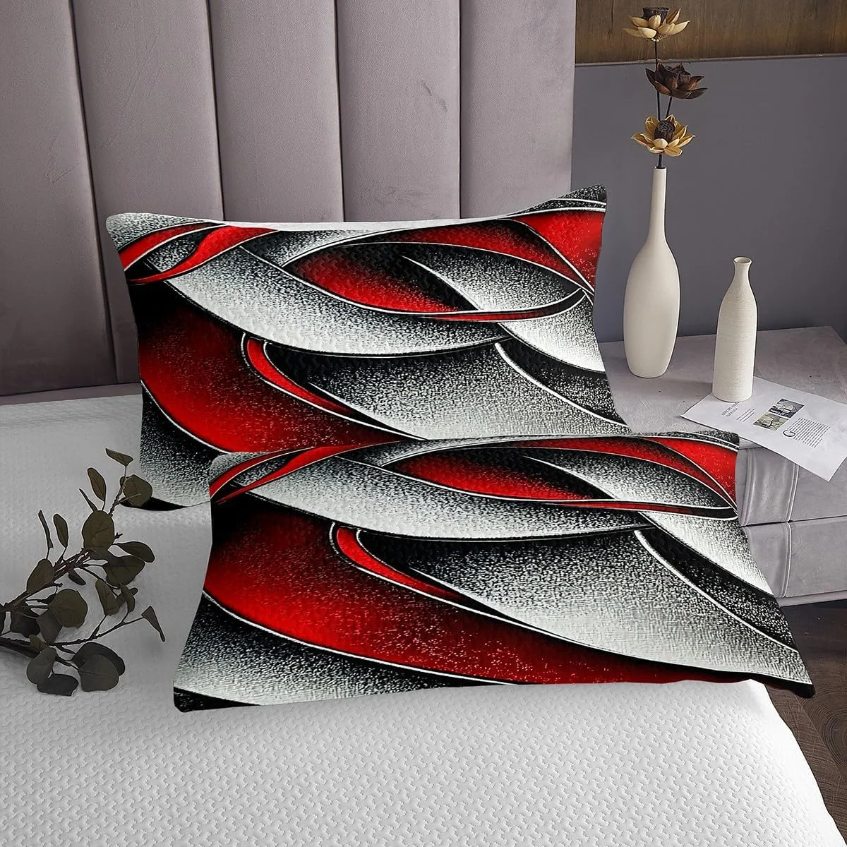 روتختی طرح تکه دوزی هندسی Manfei سایز کینگ، ست روتختی طرح راه راه هندسی انتزاعی، دکور اتاق دخترانه پسرانه، روتختی لحافی طرح هنری مدرن، لحاف قرمز مشکی خاکستری، 2 روبالشتی