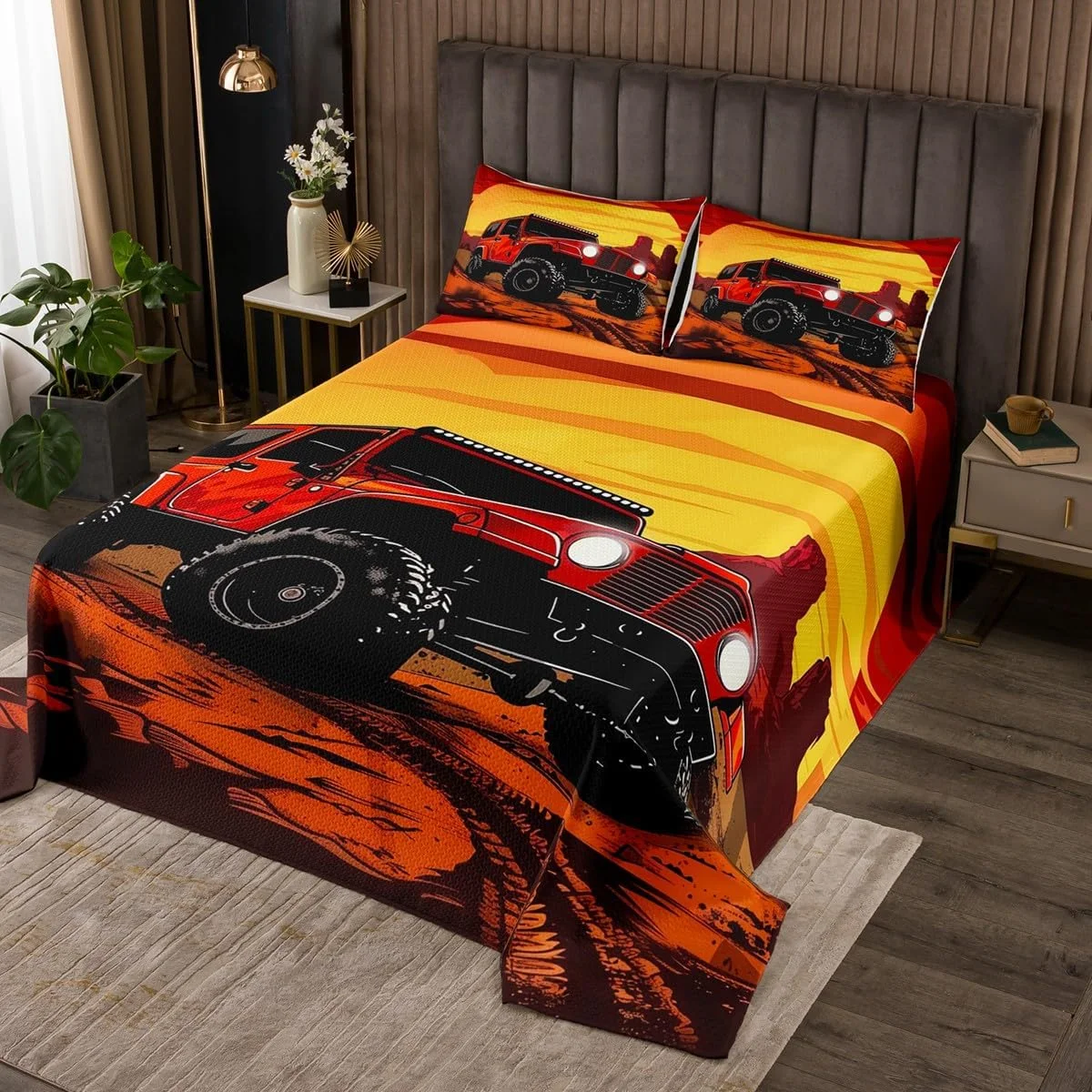 روتختی دو نفره طرح کامیون آفرود Manfei، ست لحاف طرح بازی های ورزشی ماجراجویانه، دکور اتاق پسرانه و مردانه، لحاف طرح کویری گرمسیری غربی، لحاف قرمز مشکی، 1 روبالشتی