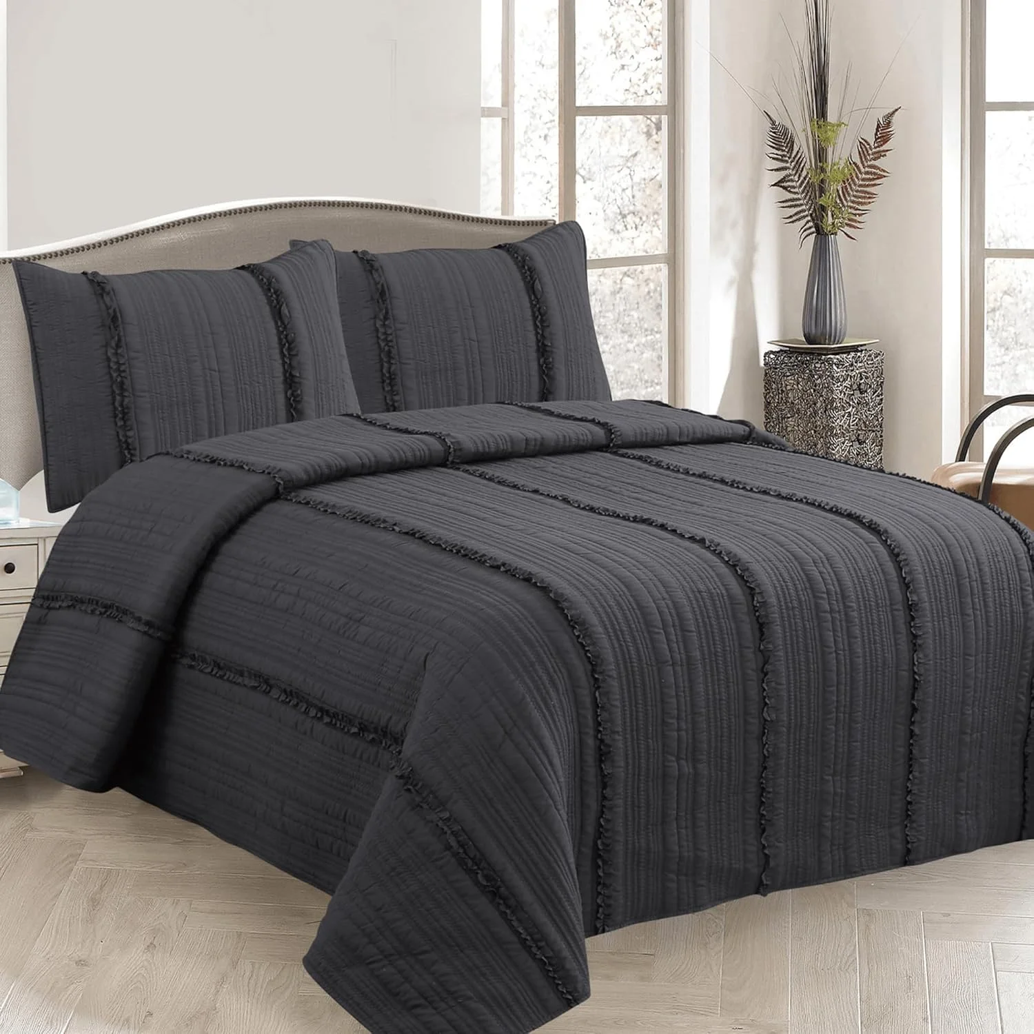 رو تختی آیوال، رو انداز تخت، روبالشتی ساده و طرح دار، سایز: 220/240 + 2 عدد 50/70، جنس: 100% پنبه، آیوال خاکستری تیره