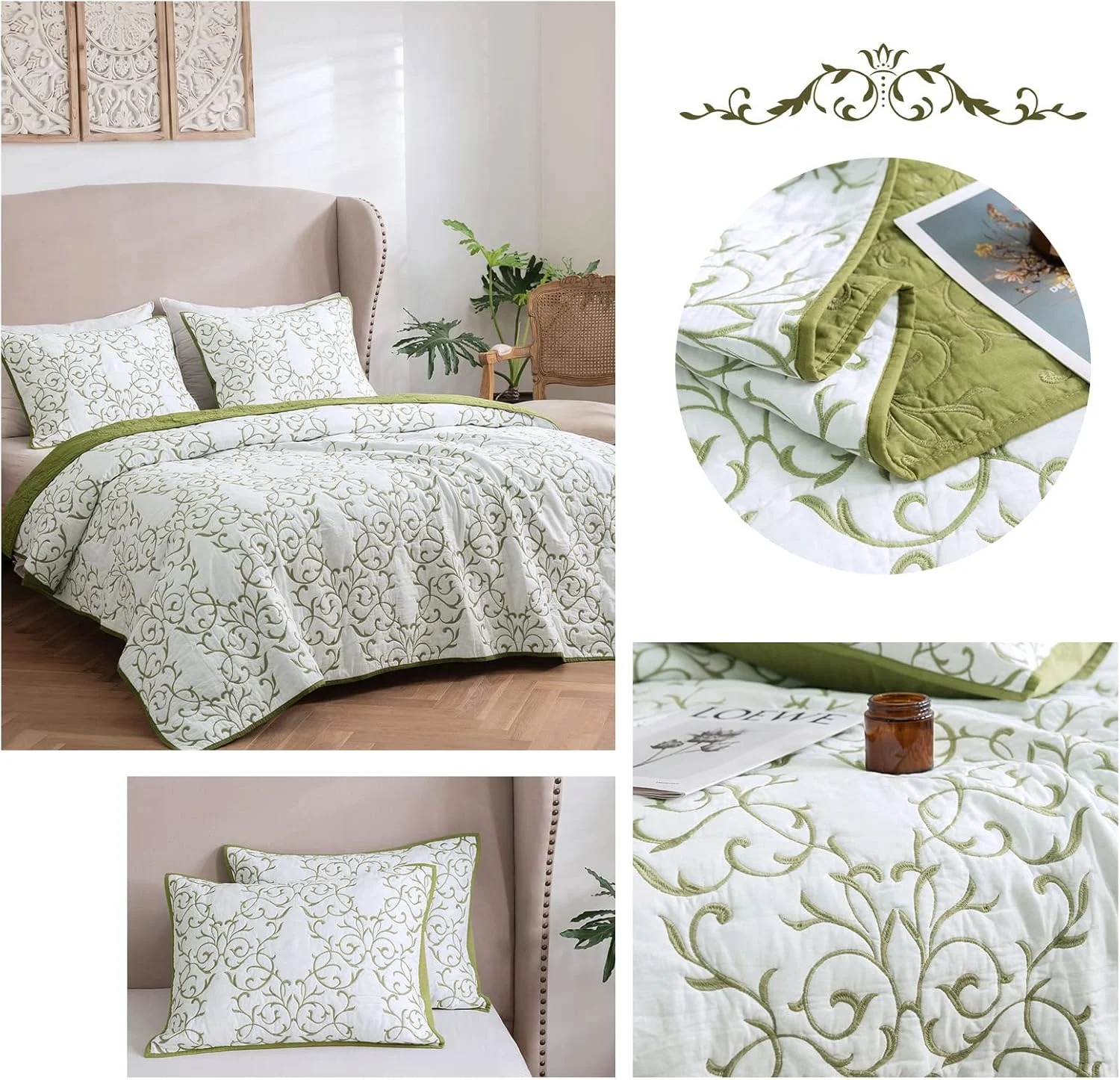 ست روتختی سه تکه پنبه ای طرح گلدوزی سبز mixinni، لحاف دوزی شده زیبا با روبالشتی های تزئینی گلدوزی شده، رو تختی نرم - سایز کینگ