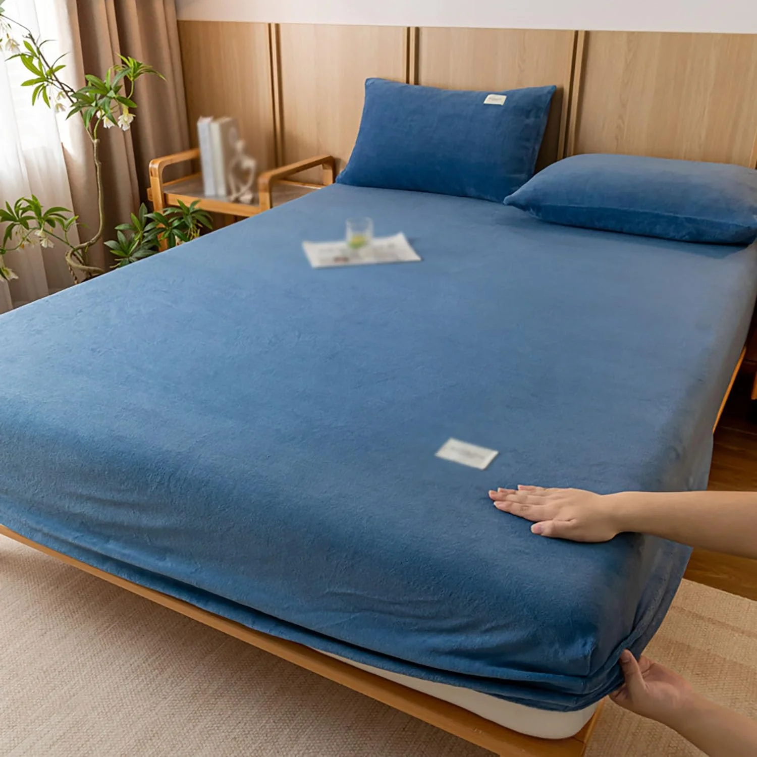 روکش تشک تخت خواب فیت، محافظ تشک سایز کامل با نوار کشی و روبالشتی، گرم و ضخیم، روتختی رنگ ثابت (رنگ: سرمه ای، سایز: 150 * 200 سانتی متر)