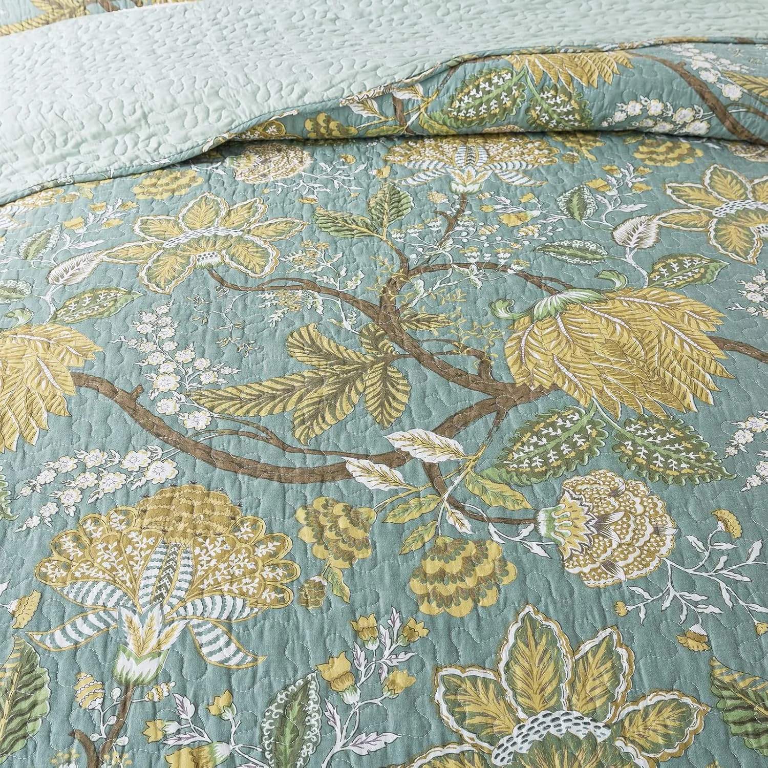 ست روتختی پنبه ای نیولیک - ست رو تختی تکه دوزی شده دو رو، طرح گل زرد، سایز کوئین