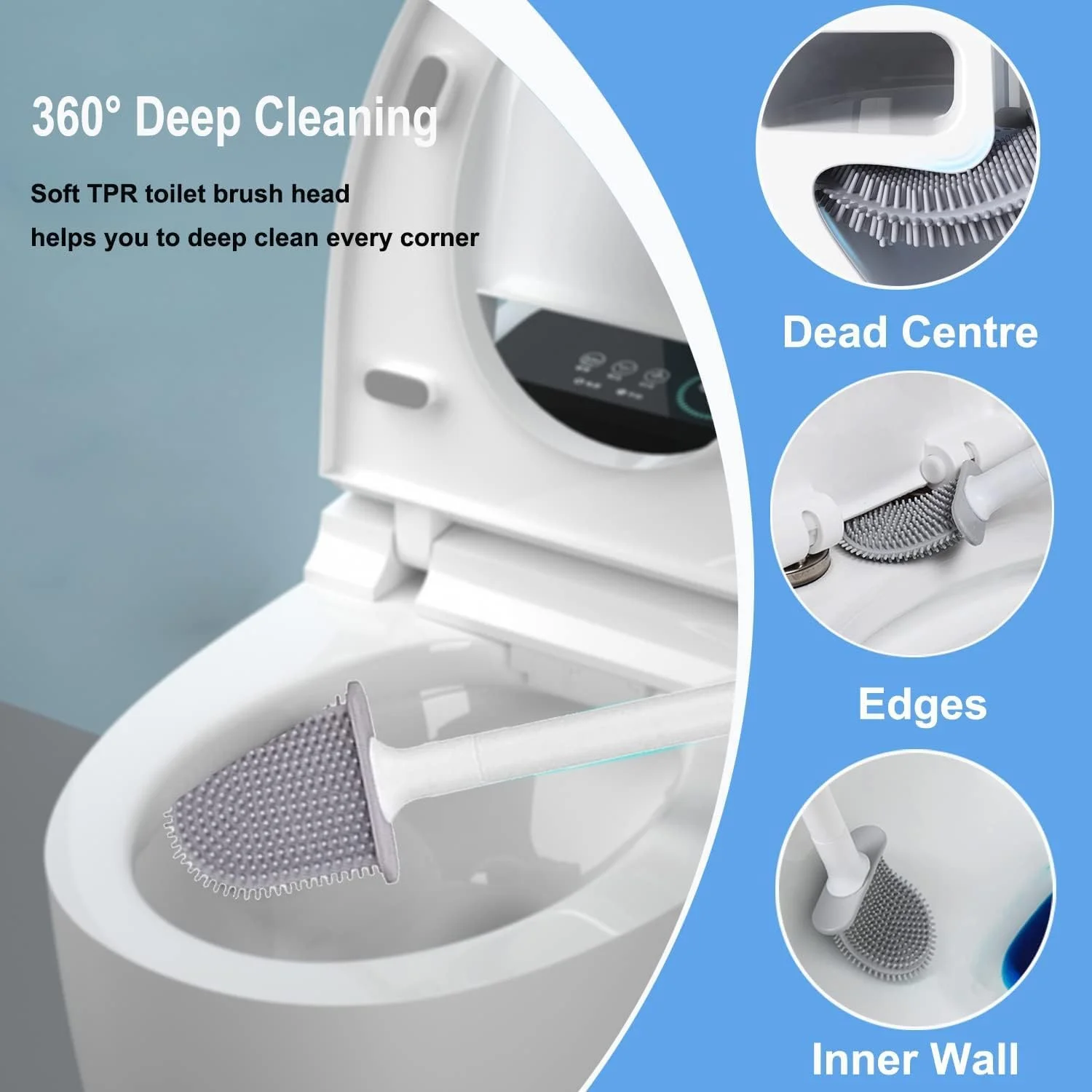 برس توالت و جا برسی AMERTEER - برس توالت سیلیکونی دیواری با دسته پلاستیکی بلند ضد لغزش و انعطاف پذیر - تمیز کننده عمیق، ضد زنگ و با تمیز کردن آسان برای توالت حمام