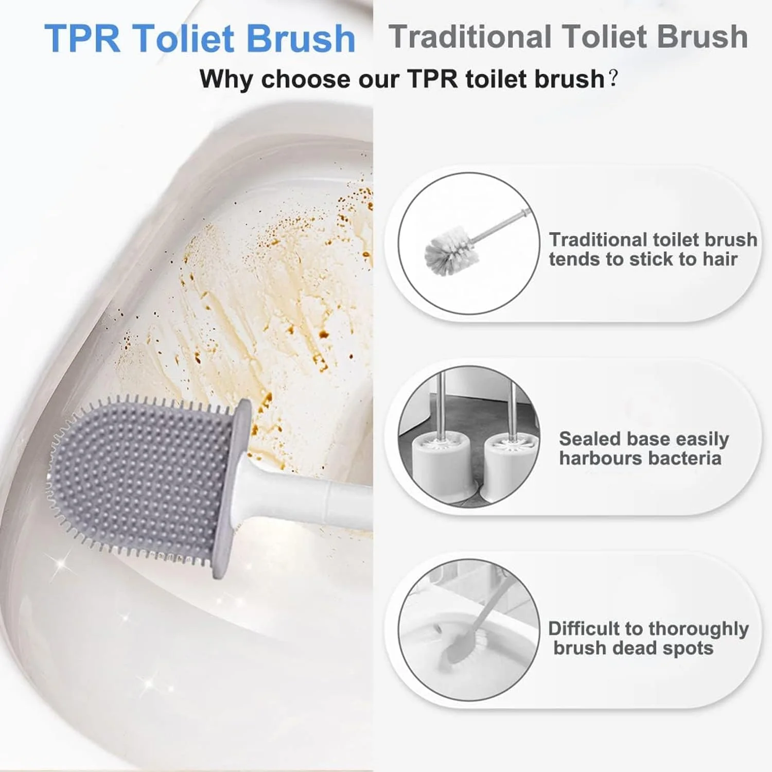 برس توالت و جا برسی AMERTEER - برس توالت سیلیکونی دیواری با دسته پلاستیکی بلند ضد لغزش و انعطاف پذیر - تمیز کننده عمیق، ضد زنگ و با تمیز کردن آسان برای توالت حمام