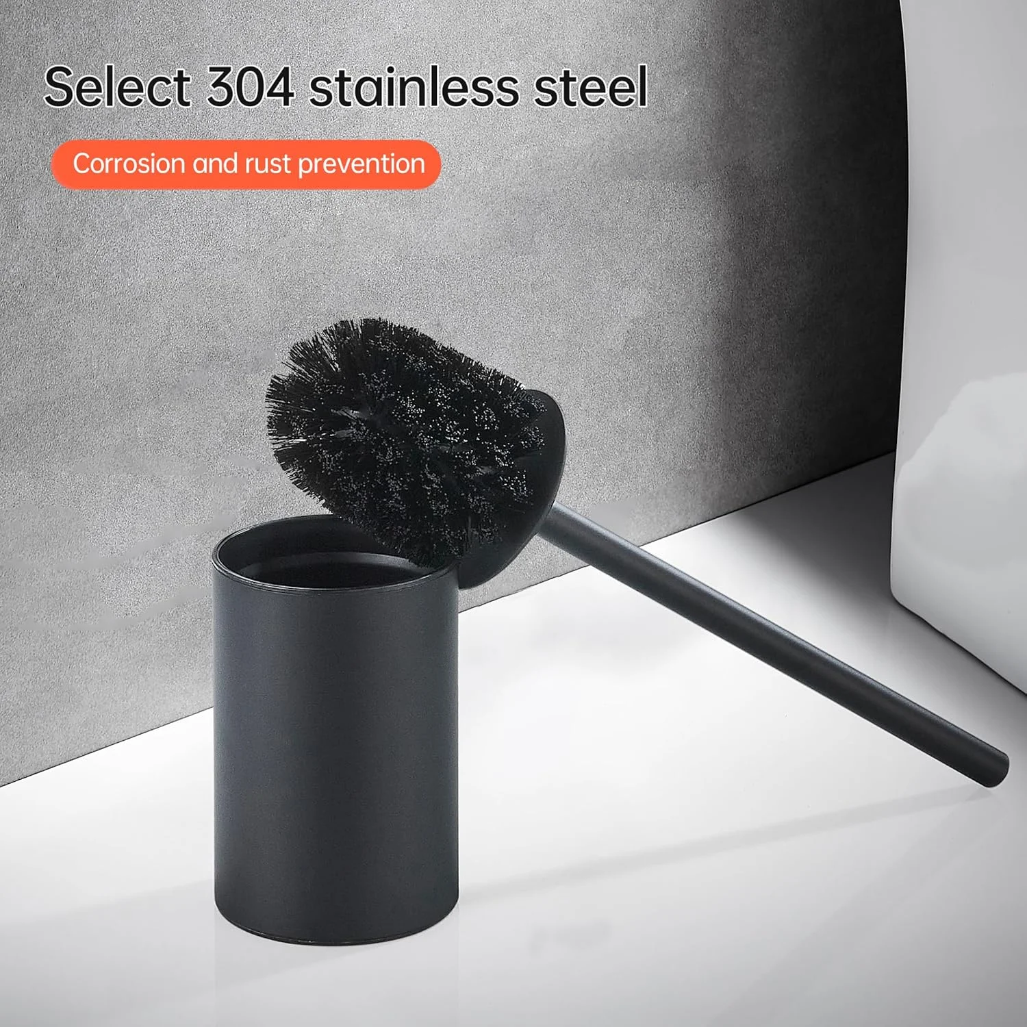 برس توالت با نگهدارنده BRIMIX، استیل ضد زنگ 304، برس تمیز کننده توالت برای حمام، برس کاسه توالت گرد ایستاده (مشکی)