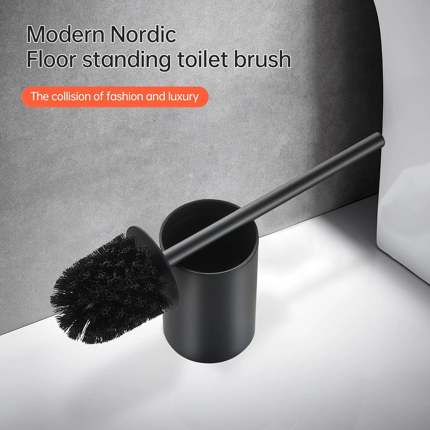 برس توالت با نگهدارنده BRIMIX، استیل ضد زنگ 304، برس تمیز کننده توالت برای حمام، برس کاسه توالت گرد ایستاده (مشکی)
