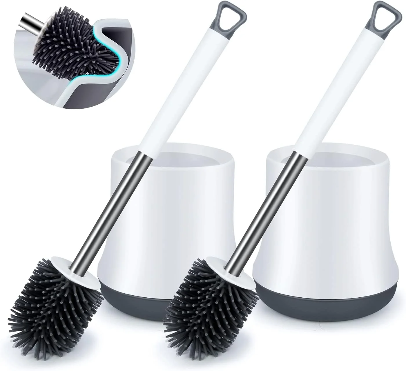 ست برس توالت سیلیکونی و جا برسی، بسته 2 عددی، برس تمیز کننده توالت، طراحی مدرن، برس کاسه توالت لاستیکی با دسته بلند ضد لغزش و جا برسی با خشک شدن سریع، سفید