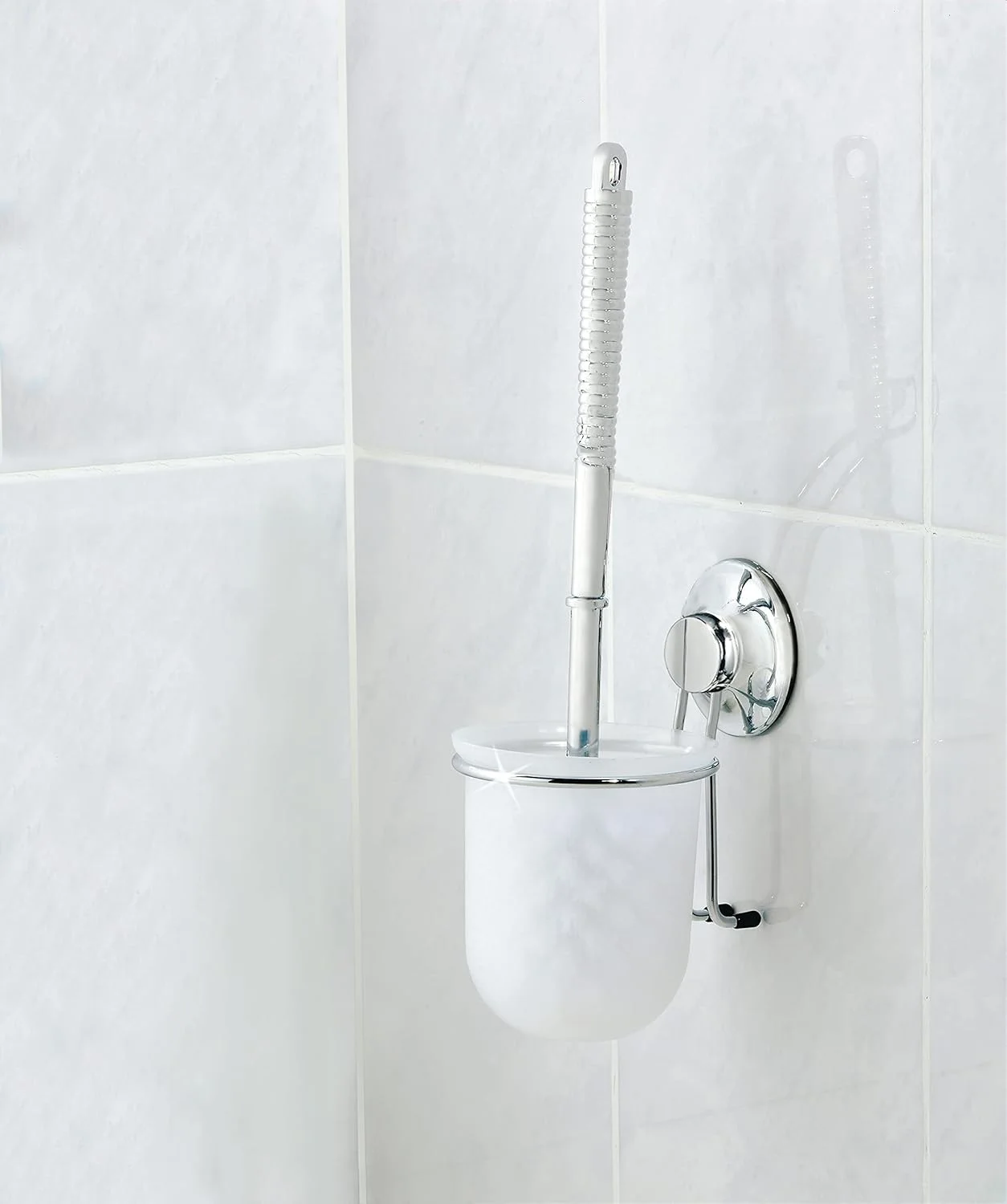 برس توالت فرنگی Everloc به همراه جا برسی، بدون نیاز به سوراخکاری، پیچ، چسب، با مکش و نصب دیواری، ست کروم برای حمام، تمیز کننده کاسه توالت، نصب آسان، EVL-10208