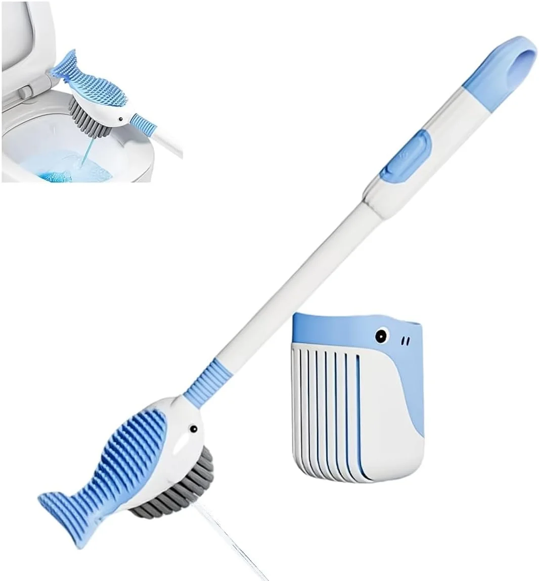 برس توالت HASTHIP®، ست برس توالت و جا برسی 2 در 1، دارای مخزن مایع شوینده یکپارچه، برس توالت دو طرفه، برس تمیز کننده توالت سیلیکونی انعطاف پذیر طرح دم نهنگ برای خانه و محل کار