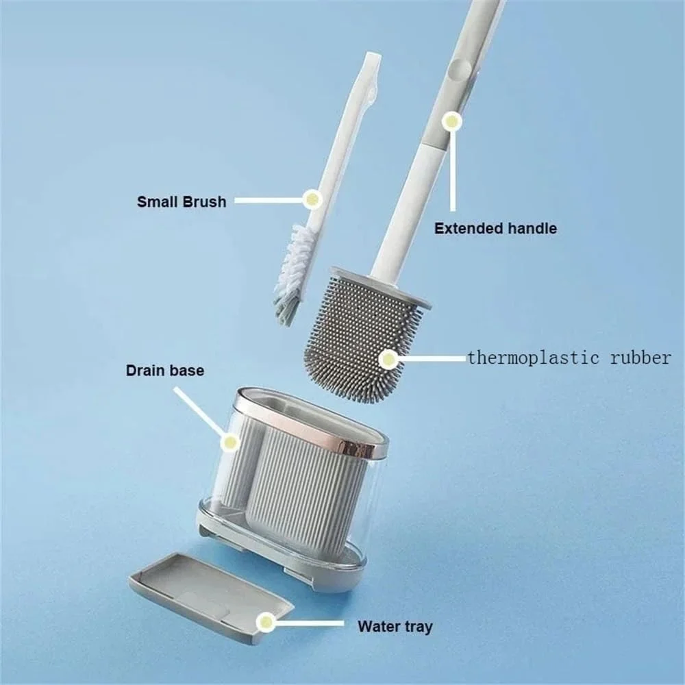 برس توالت و نگهدارنده خانگی 2 در 1 چند منظوره، با برس توالت سیلیکونی دسته بلند، برای کف حمام برای نظافت داخلی و حمام