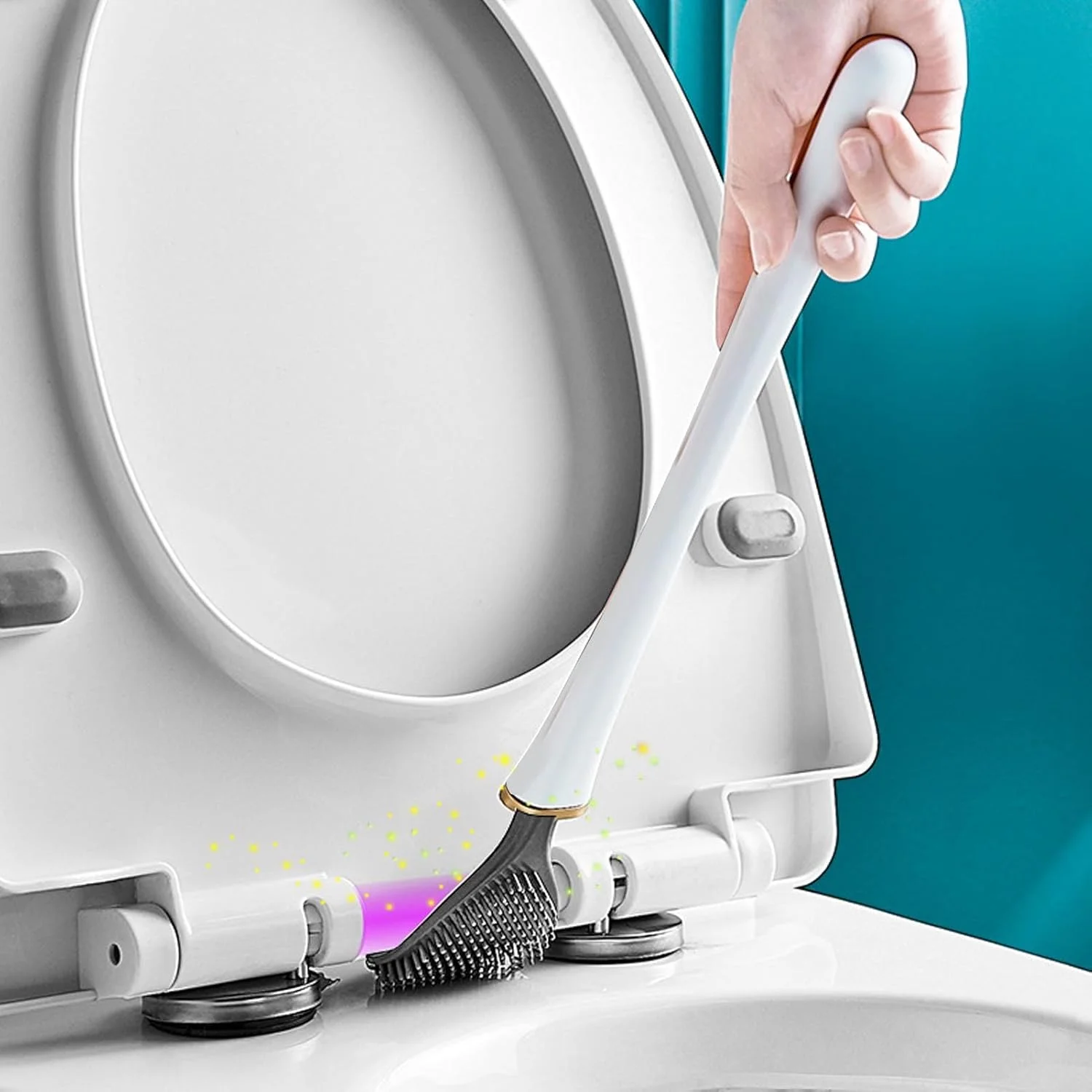 برس توالت و جا برسی، برس کاسه توالت با دسته بلند و نصب دیواری، جا برسی پلاستیکی با قابلیت پنهان سازی آسان، لوازم جانبی حمام، تمیز کننده عمیق 360 درجه (سفید)