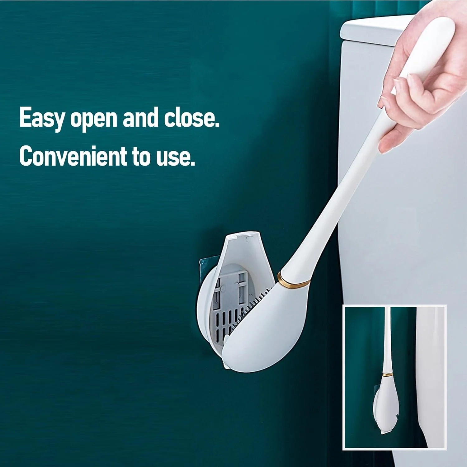 برس توالت و جا برسی، برس کاسه توالت با دسته بلند و نصب دیواری، جا برسی پلاستیکی با قابلیت پنهان سازی آسان، لوازم جانبی حمام، تمیز کننده عمیق 360 درجه (سفید)