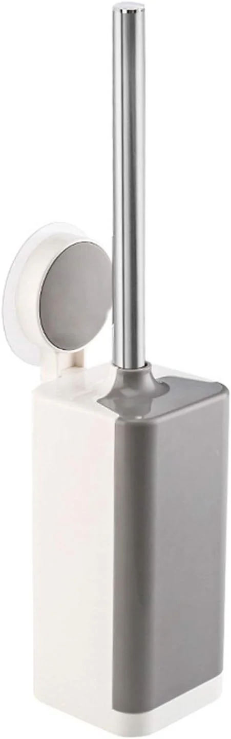 جا برس توالت بدون نیاز به سوراخکاری/با پایه مکنده، جنس ABS + دسته استیل، سر برس نیمکره ای با باز و بسته شدن خودکار برای حمام (رنگ: سفید+خاکستری)