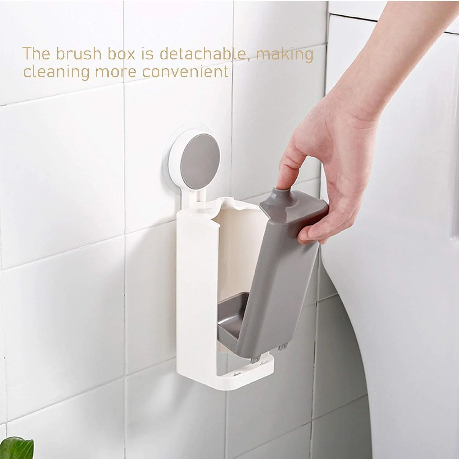 جا برس توالت بدون نیاز به سوراخکاری/با پایه مکنده، جنس ABS + دسته استیل، سر برس نیمکره ای با باز و بسته شدن خودکار برای حمام (رنگ: سفید+خاکستری)