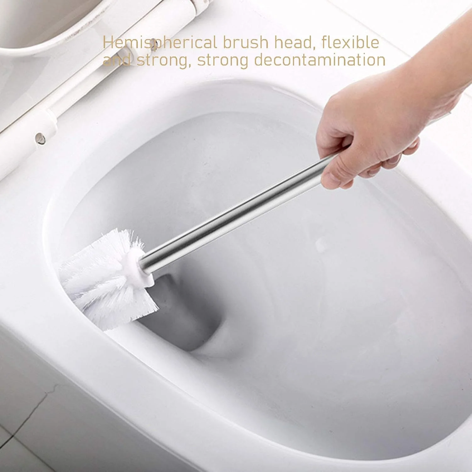 جا برس توالت بدون نیاز به سوراخکاری/با پایه مکنده، جنس ABS + دسته استیل، سر برس نیمکره ای با باز و بسته شدن خودکار برای حمام (رنگ: سفید+خاکستری)