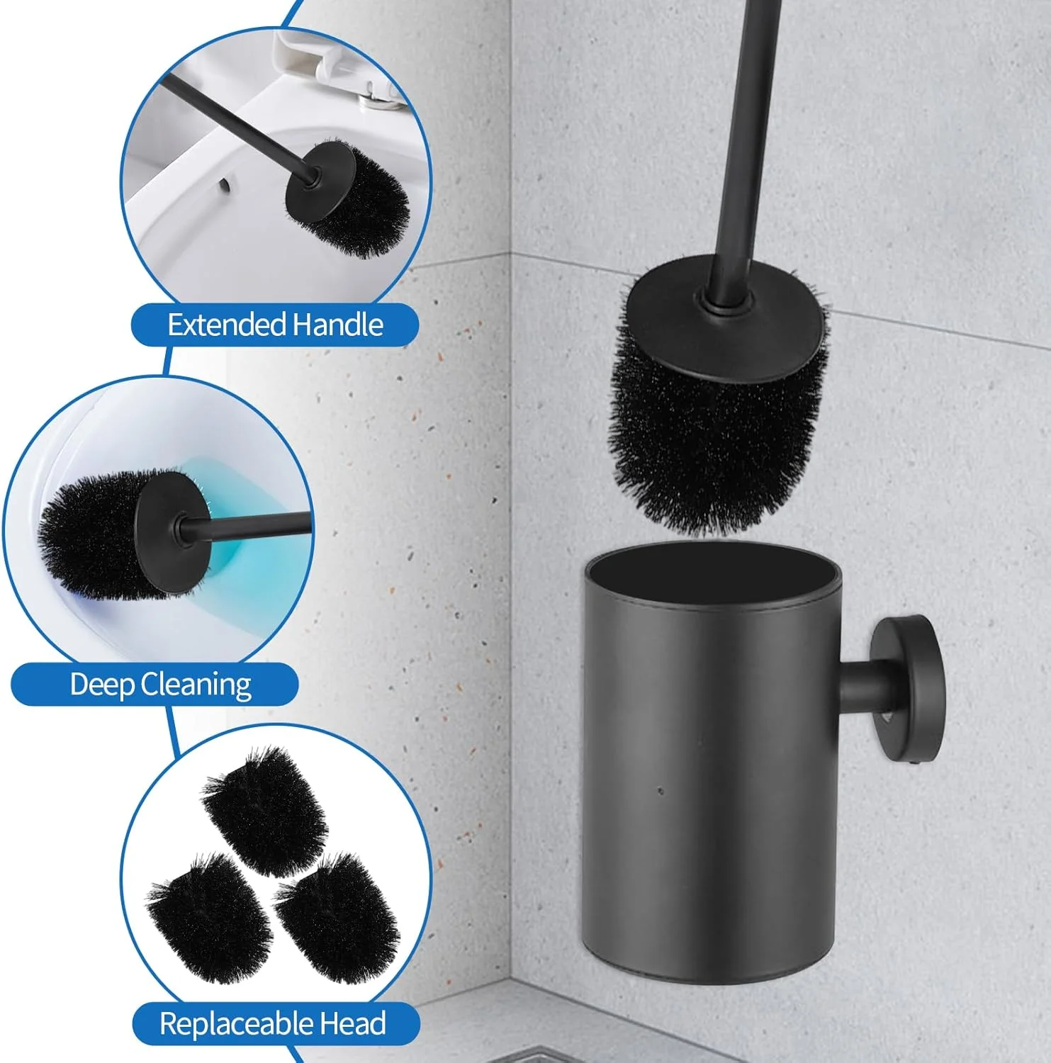 برس توالت و جا برسی دیواری، برس کاسه توالت استیل 304 با 3 سری تعویضی، برس تمیز کننده حمام صرفه جویی در فضا، روکش مشکی مات برس توالت و جا برسی دیواری، برس کاسه توالت استیل 304 با 3 سری تعویضی، برس تمیز کننده حمام صرفه جویی در فضا، روکش مشکی مات