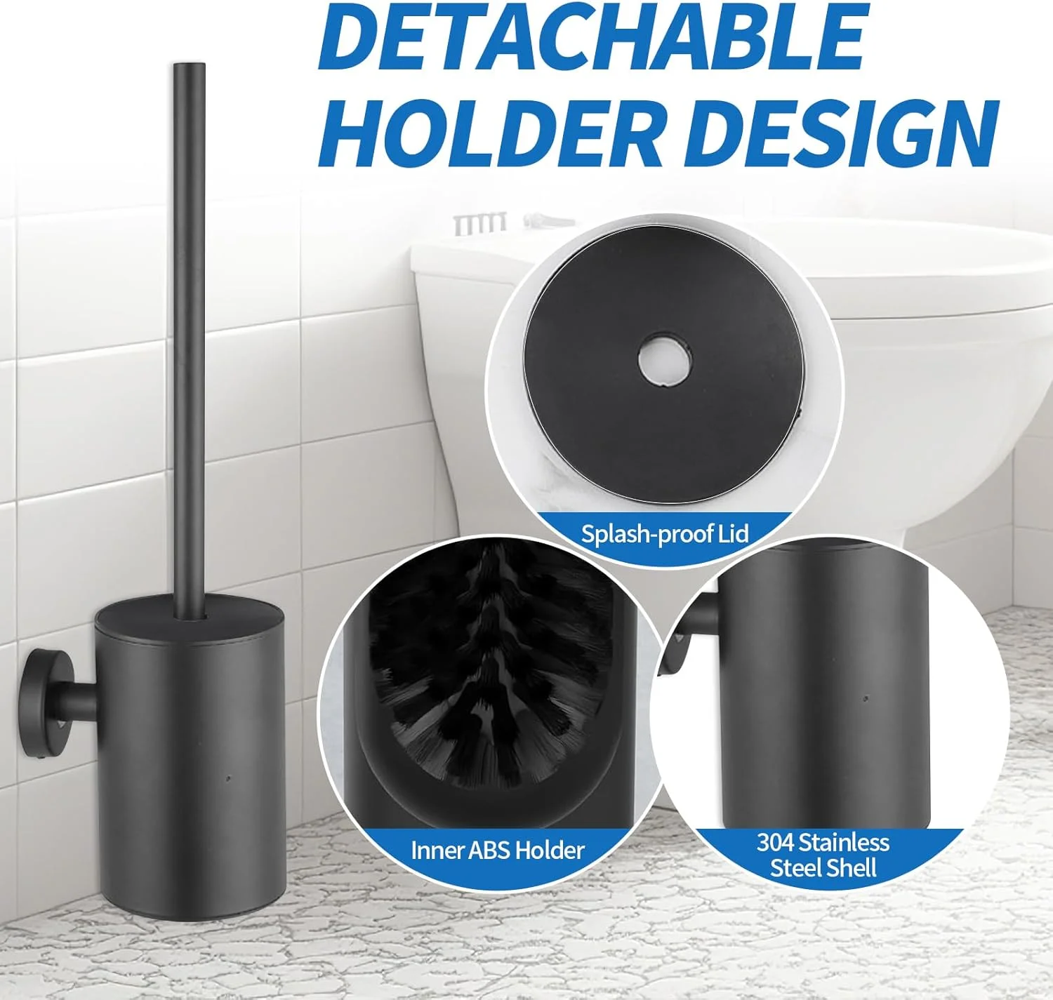 برس توالت و جا برسی دیواری، برس کاسه توالت استیل 304 با 3 سری تعویضی، برس تمیز کننده حمام صرفه جویی در فضا، روکش مشکی مات برس توالت و جا برسی دیواری، برس کاسه توالت استیل 304 با 3 سری تعویضی، برس تمیز کننده حمام صرفه جویی در فضا، روکش مشکی مات