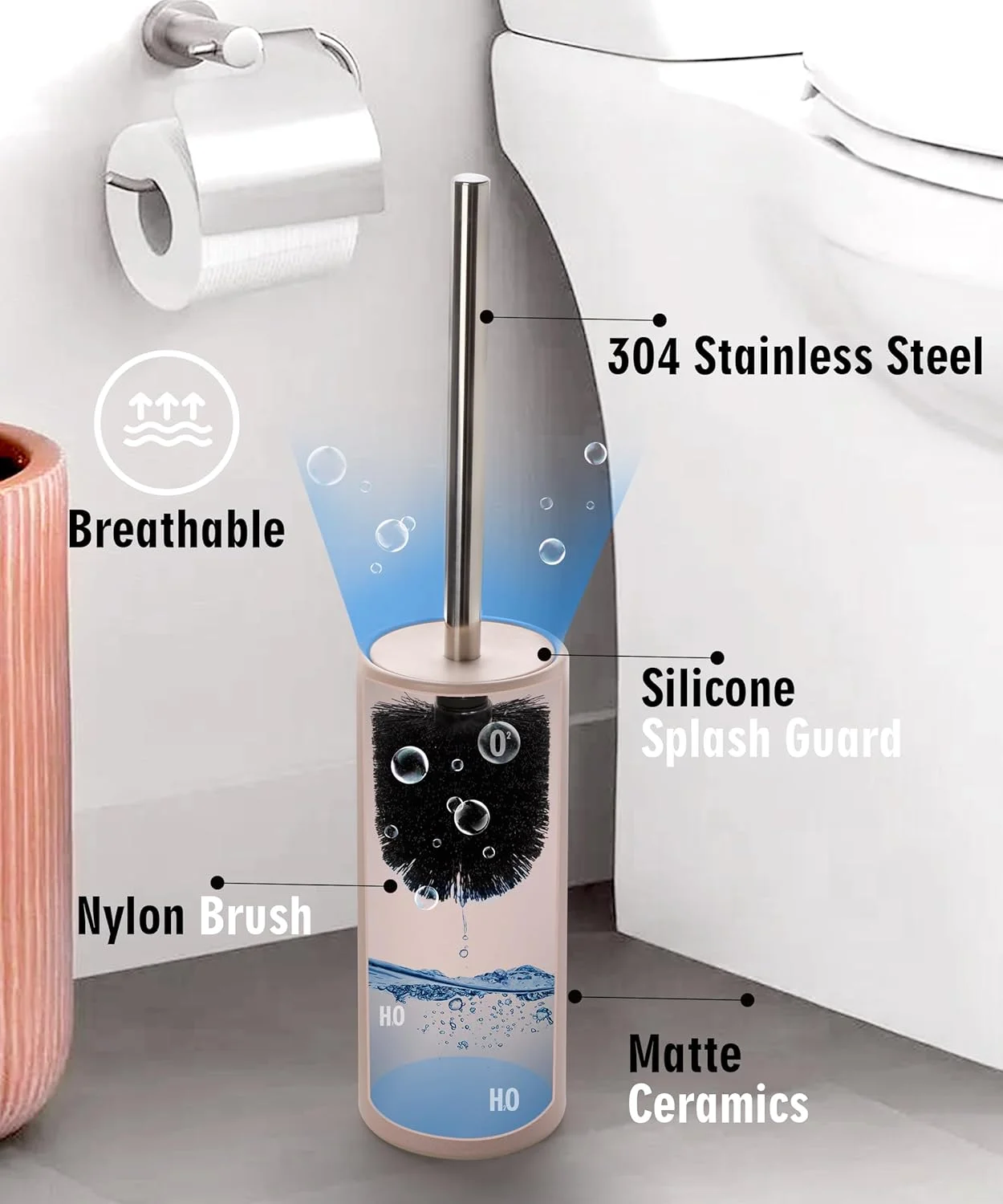 ست برس توالت و جا برسی سرامیکی صورتی مات، برس تمیز کننده کاسه توالت ایستاده، برس اسکرابر برای توالت، لوازم جانبی حمام با دسته استیل، تمیز کردن عمیق