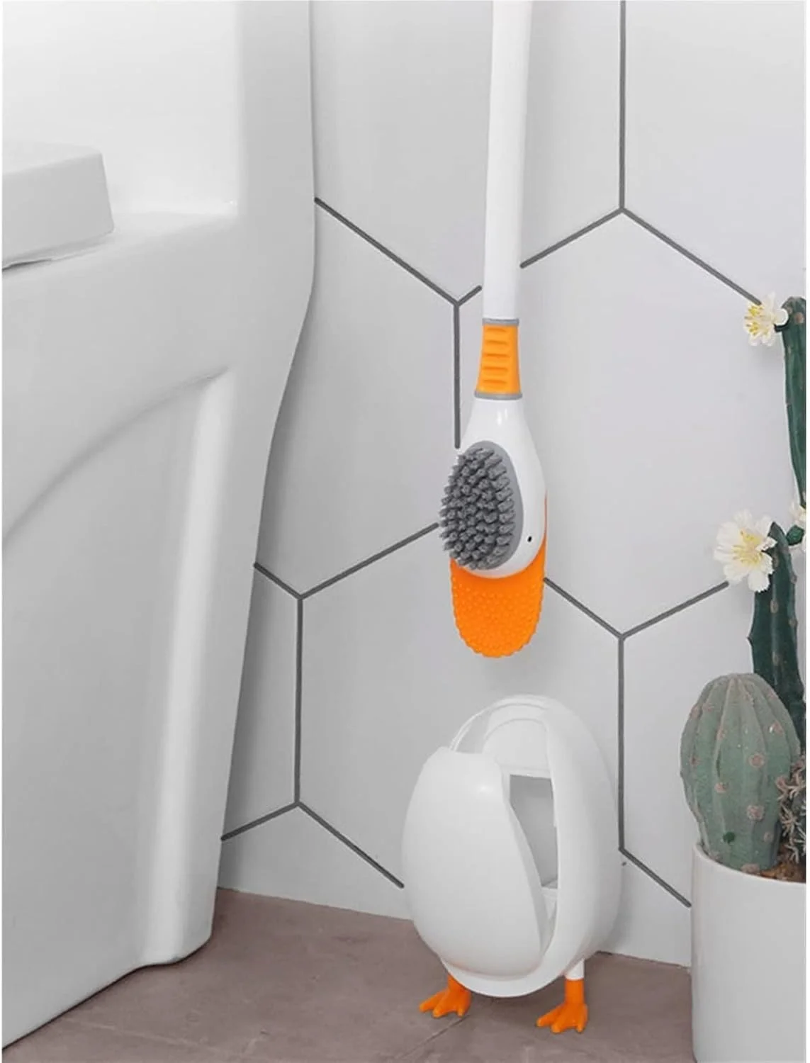 ست برس و جا برسی توالت YZACANJ، طرح اردک غواص بامزه، قابل نصب روی دیوار و ایستاده، دسته بلند، لوازم جانبی TPR برای تمیز کردن عمیق حمام