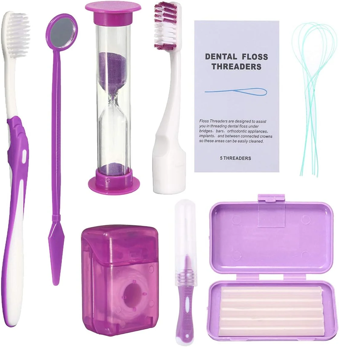 مجموعه تمیز کننده دندان، مجموعه مسافرتی مراقبت از دهان و دندان ارتودنسی قابل حمل - برس بین دندانی، موم دندان، نخ دندان، جعبه مسواک (بنفش)