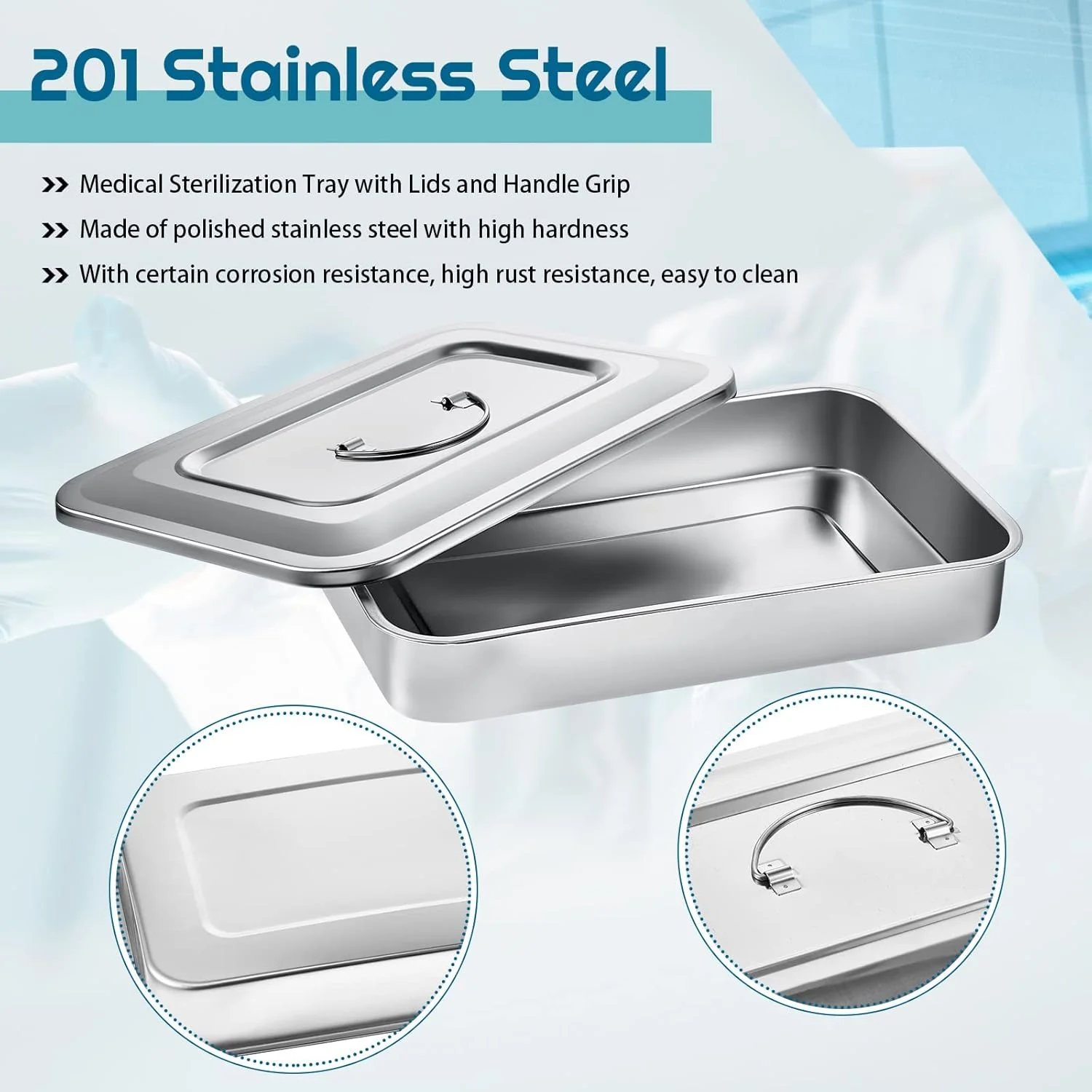 دو عدد سینی ابزار جراحی پزشکی فببی، استیل ضد زنگ 201، سازمان دهنده سینی ابزار دندانپزشکی، جعبه فلزی استریل با درب و دستگیره برای ابزار جراحی پزشکی دندانپزشکی (12 اینچ)