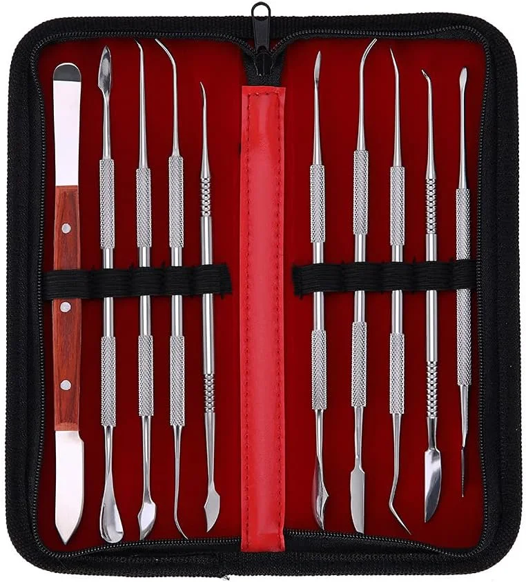 ست 10 عددی ابزار حکاکی موم استیل ضد زنگ، ابزار مجسمه سازی سفال رسی، کیت ابزار دندانپزشکی جراحی، چاقوهای مجسمه سازی دندانپزشک با کیف نگهداری