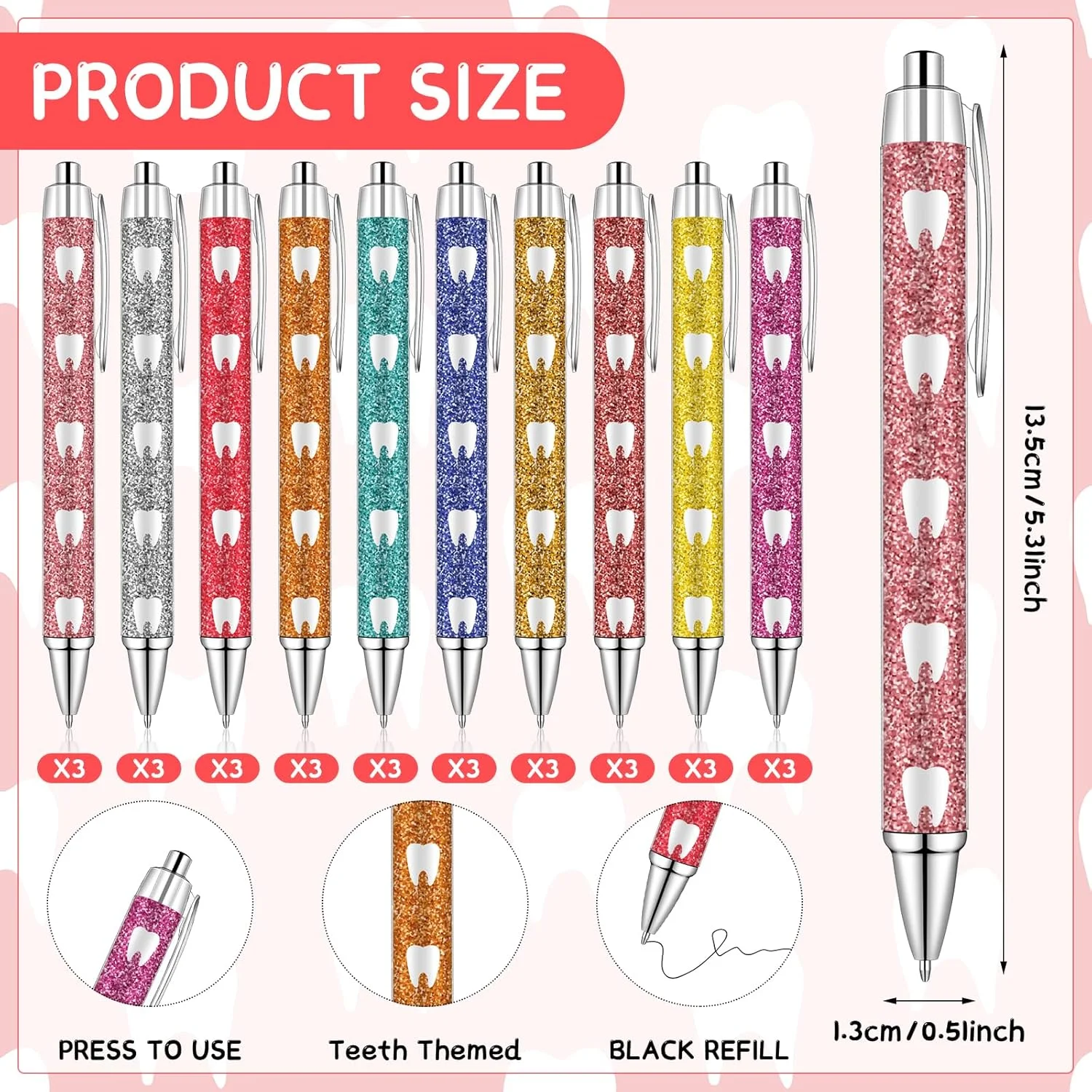 مجموعه هدیه ۴۸ عددی دندانپزشکی شامل خودکار توپی جمع شونده با جوهر مشکی و یادداشت چسبان با طرح دندان، مناسب برای ماه بهداشت دهان و دندان