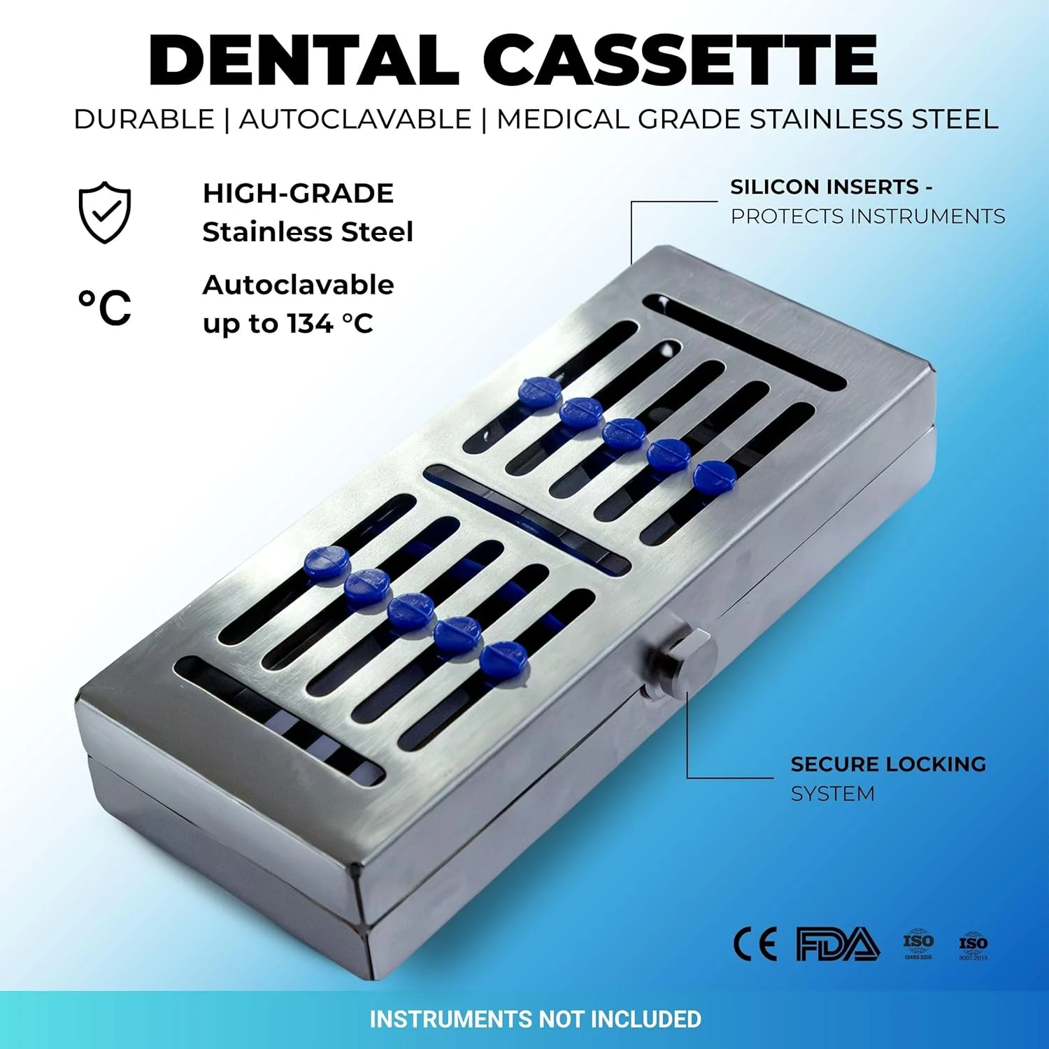 کاست استریلیزاسیون ابزار دندانپزشکی Hilbro، استیل ضد زنگ 304، اتوکلاو تا 134 درجه سانتیگراد، نگهدارنده های سیلیکونی و قفل، 18.5 × 8 × 3.5 سانتی متر، ظرفیت 6 ابزار کاست استریلیزاسیون ابزار دندانپزشکی Hilbro، استیل ضد زنگ 304، اتوکلاو تا 134 درجه سانتیگراد، نگهدارنده های سیلیکونی و قفل، 18.5 × 8 × 3.5 سانتی متر، ظرفیت 6 ابزار