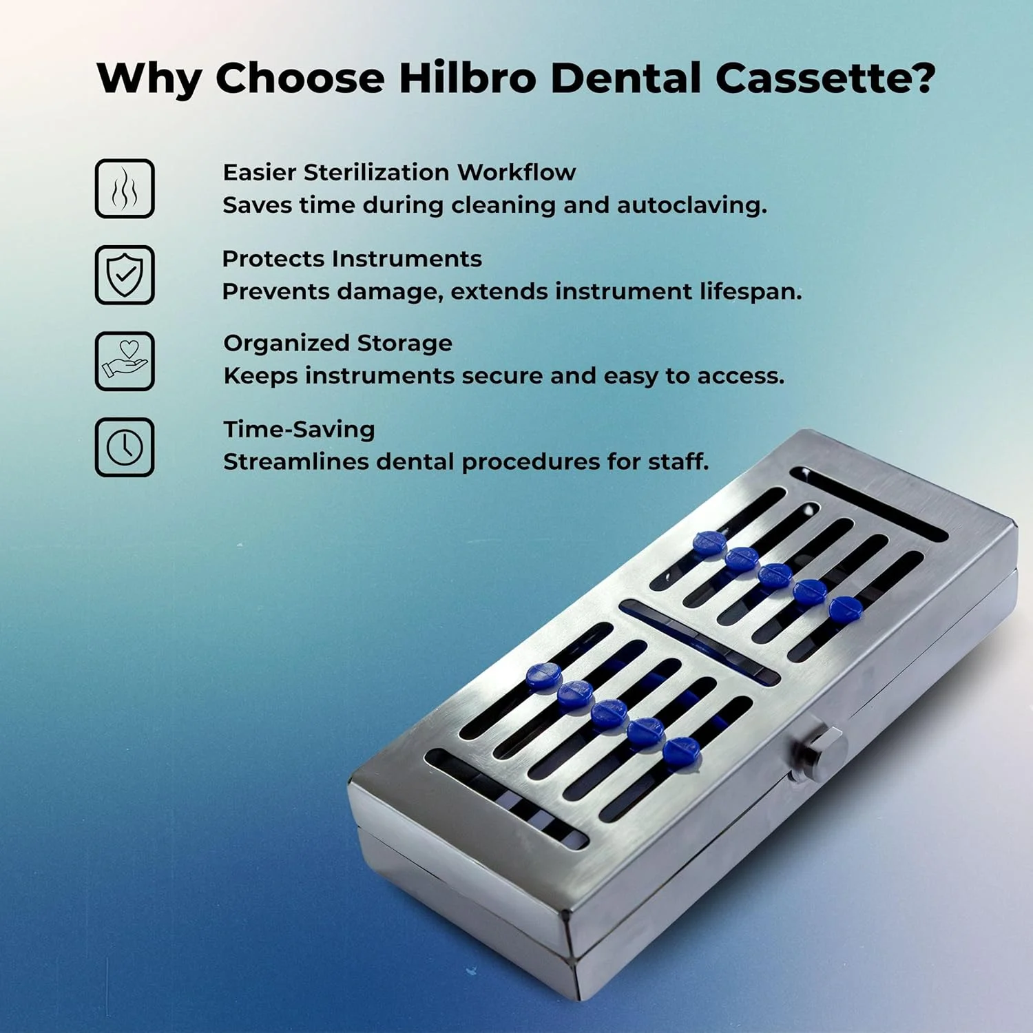 کاست استریلیزاسیون ابزار دندانپزشکی Hilbro، فولاد ضد زنگ 304، اتوکلاو تا 134 درجه سانتیگراد، نگهدارنده های سیلیکونی و قفل، 18.5 × 8 × 3.5 سانتی متر، ظرفیت 6 ابزار کاست استریلیزاسیون ابزار دندانپزشکی Hilbro، فولاد ضد زنگ 304، اتوکلاو تا 134 درجه سانتیگراد، نگهدارنده های سیلیکونی و قفل، 18.5 × 8 × 3.5 سانتی متر، ظرفیت 6 ابزار