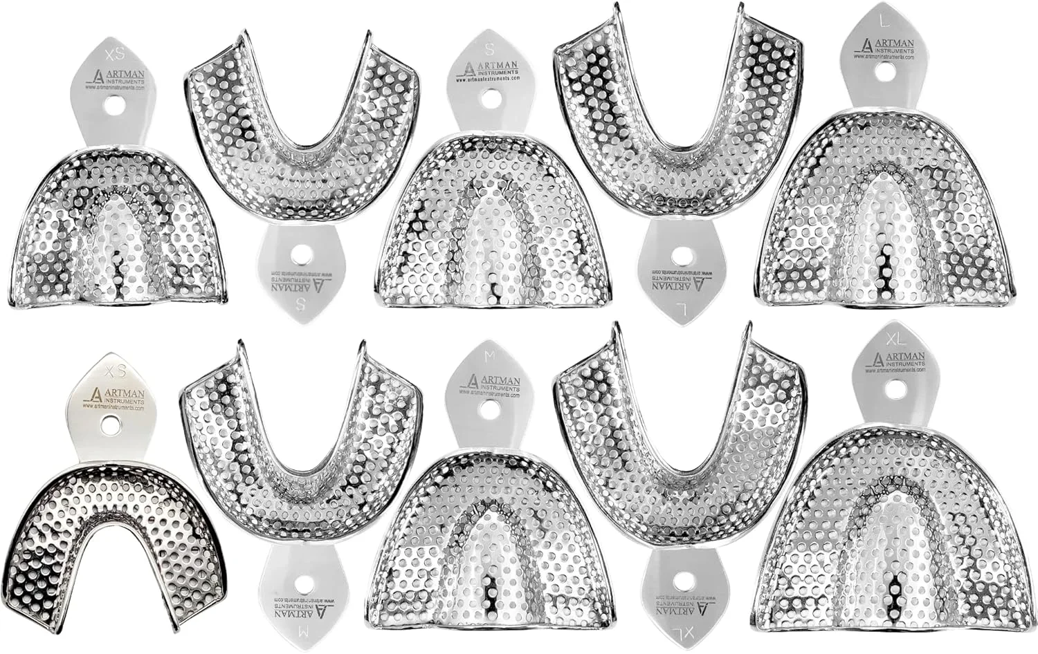 سینی قالبگیری دندان 10 عدد در سایزهای خیلی کوچک، کوچک، متوسط، بزرگ و خیلی بزرگ، استیل ضد زنگ، مناسب دندان مصنوعی و ارتودنسی، برند آرتمان اینسترومنتس سینی قالبگیری دندان 10 عدد در سایزهای خیلی کوچک، کوچک، متوسط، بزرگ و خیلی بزرگ، استیل ضد زنگ، مناسب دندان مصنوعی و ارتودنسی، برند آرتمان اینسترومنتس